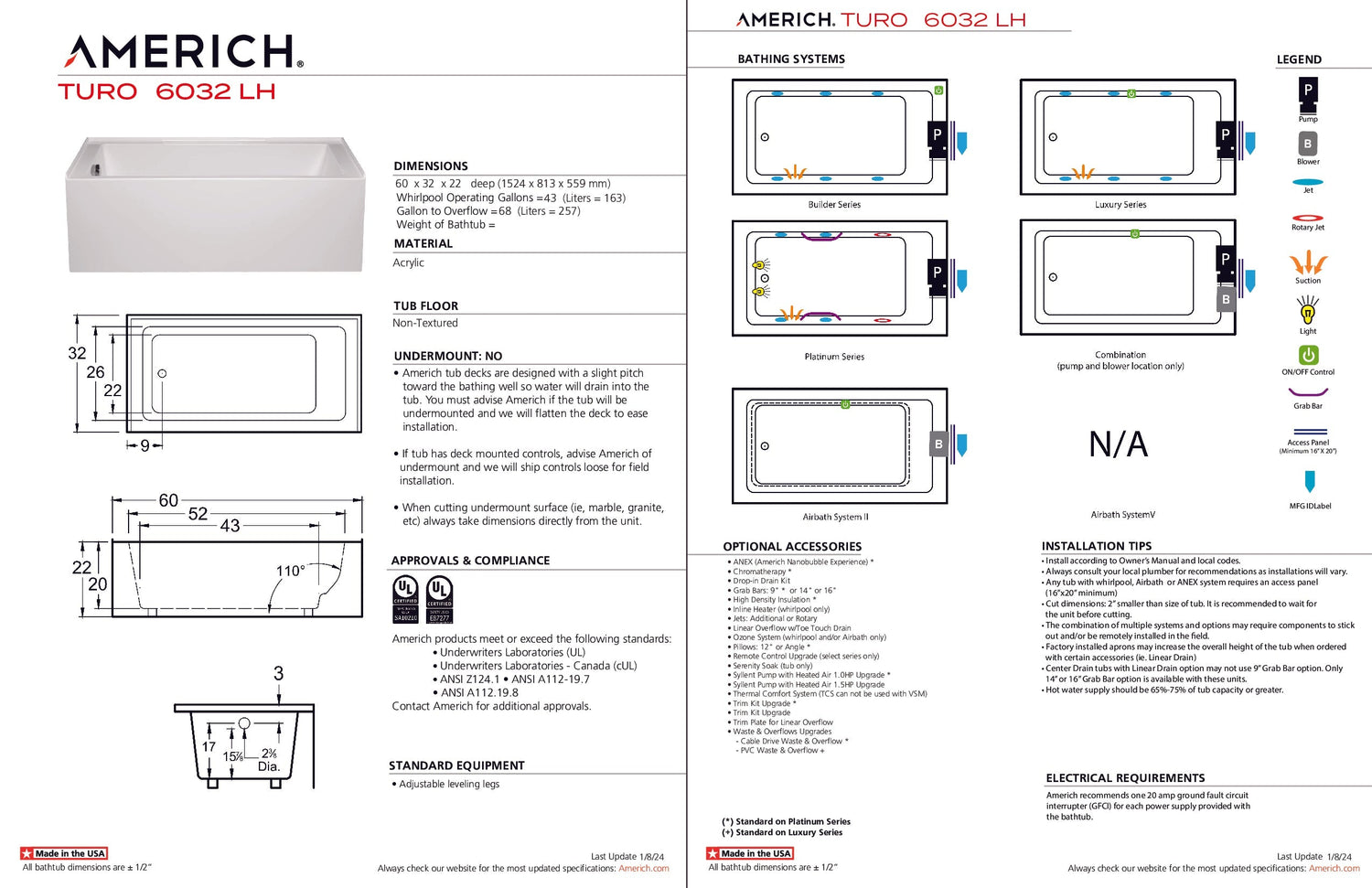 Americh TO6032TLA5-WH Turo 6032 Left Hand - Tub Only / Airbath 5 - White