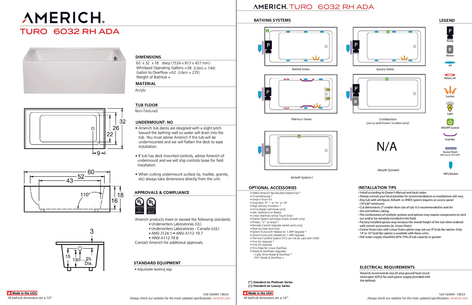 Americh TO6032ADATRA2BI Turo 6032 ADA Right Hand - Tub Only / Airbath 2 - Biscuit