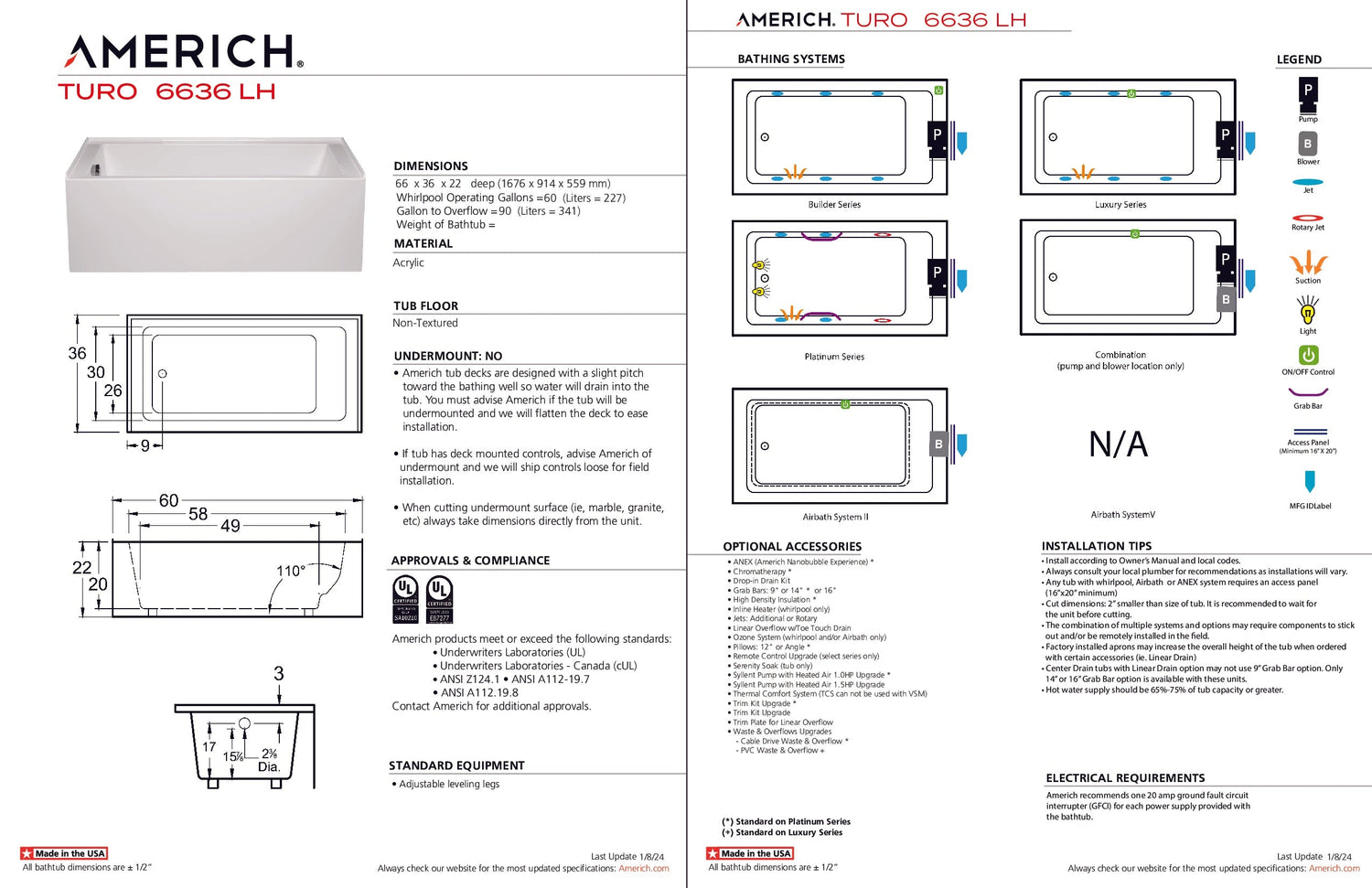 Americh TO6636TLA5-WH Turo 6636 Left Hand - Tub Only / Airbath 5 - White