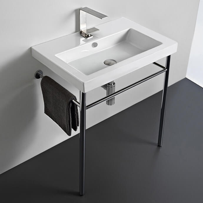 Rectangular Ceramic Console Sink and Polished Chrome Stand, 24"