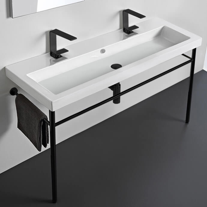 Double Ceramic Console Sink and Matte Black Stand, 48"