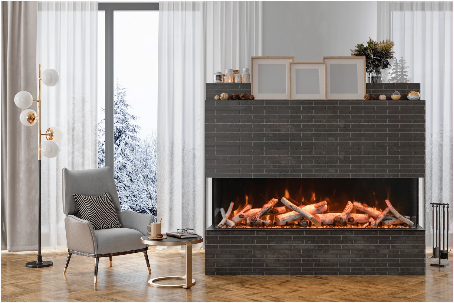 Amantii 72-TRU-VIEW-XL Tru View Deep Smart Electric - 72" Indoor / Outdoor WiFi Enabled 3 Sided Fireplace Featuring a depth of 14 1/4", MultiFunction Remote Control, Multi Speed Flame Motor, and a Selection of Media Options