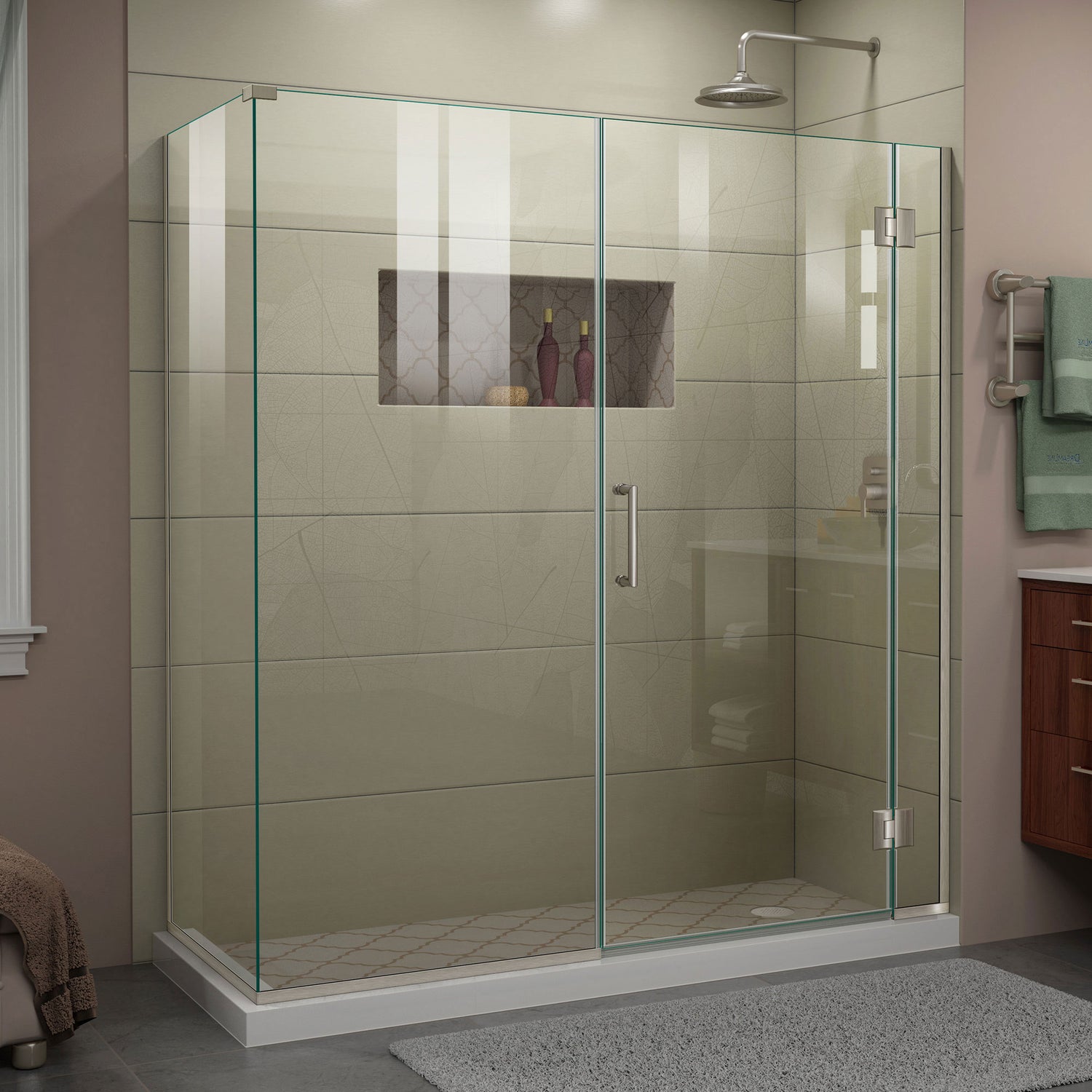 DreamLine Unidoor-X 64 1/2 in. W x 34 3/8 in. D x 72 in. H Frameless Hinged Shower Enclosure in Brushed Nickel