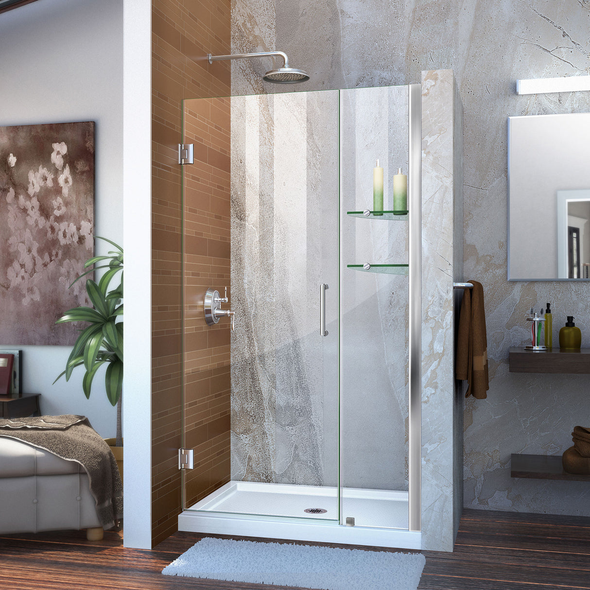 DreamLine Unidoor 42-43 in. W x 72 in. H Frameless Hinged Shower Door with Shelves in Chrome
