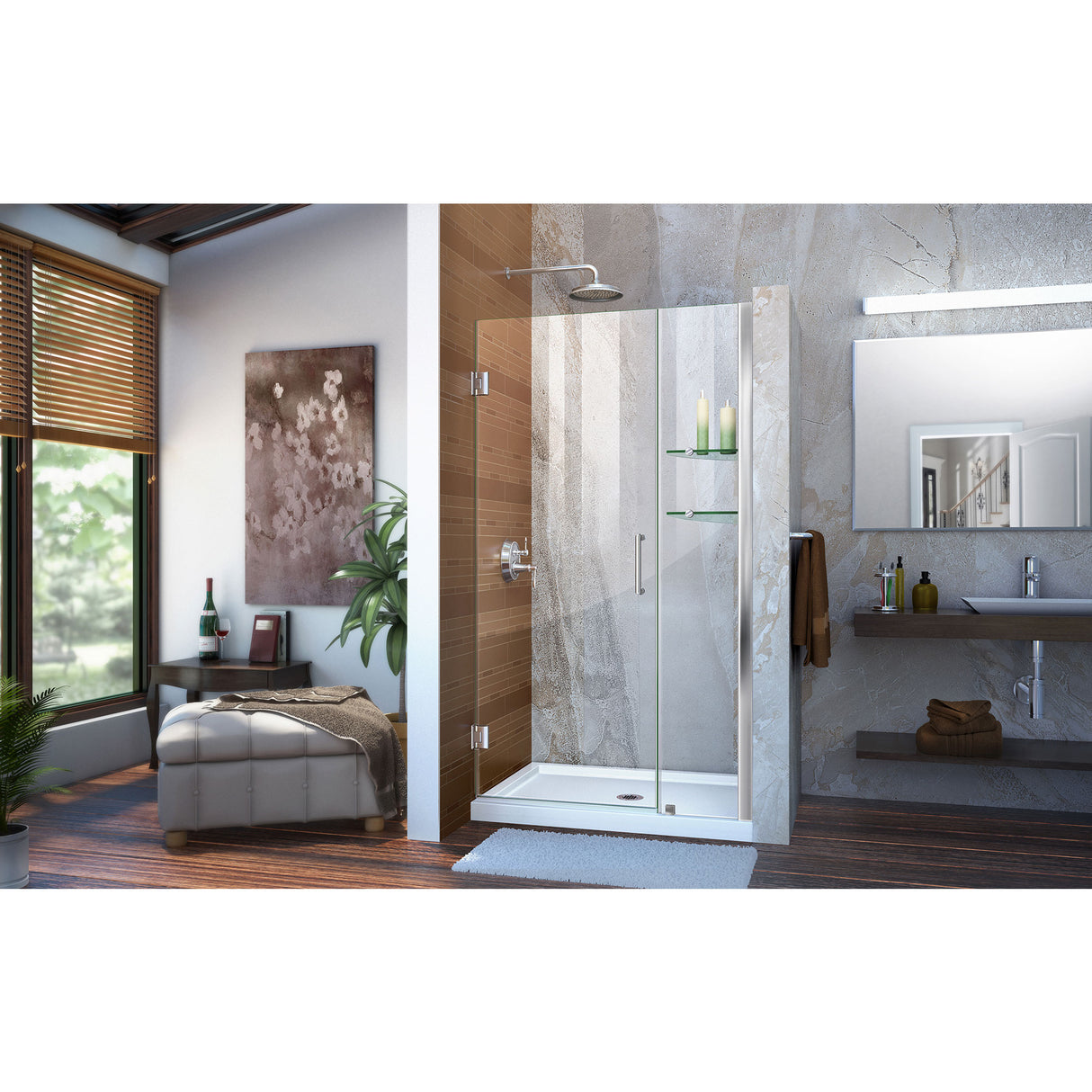 DreamLine Unidoor 37-38 in. W x 72 in. H Frameless Hinged Shower Door with Shelves in Chrome