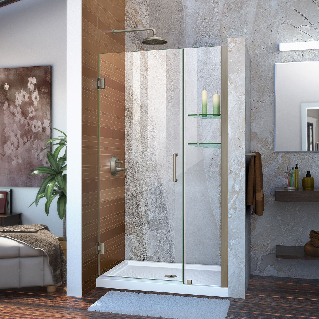 DreamLine Unidoor 42-43 in. W x 72 in. H Frameless Hinged Shower Door with Shelves in Brushed Nickel