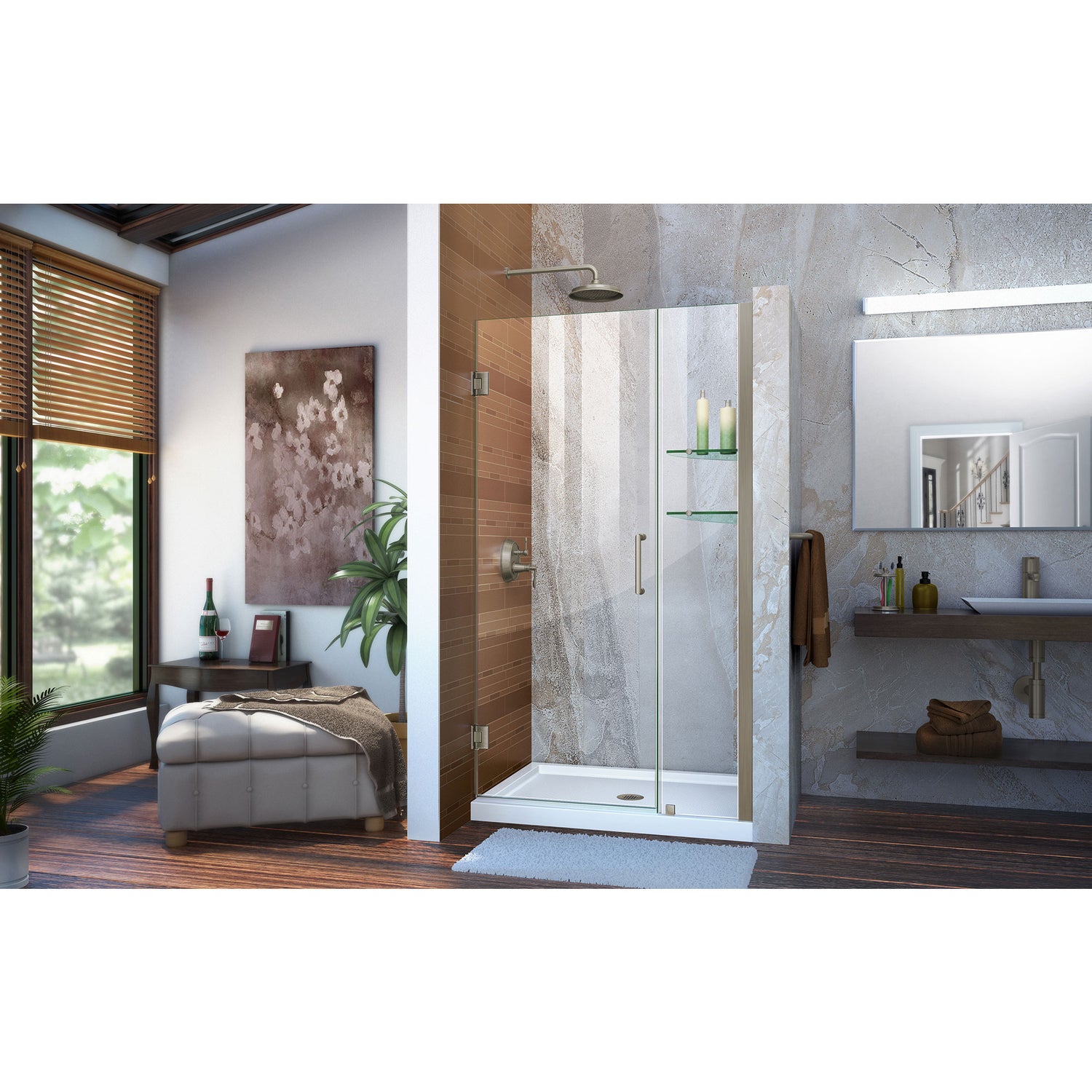 DreamLine Unidoor 38-39 in. W x 72 in. H Frameless Hinged Shower Door with Shelves in Brushed Nickel