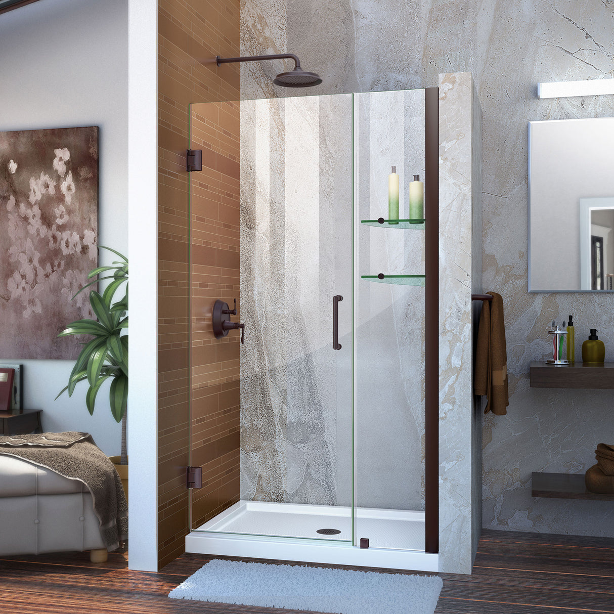 DreamLine Unidoor 42-43 in. W x 72 in. H Frameless Hinged Shower Door with Shelves in Oil Rubbed Bronze