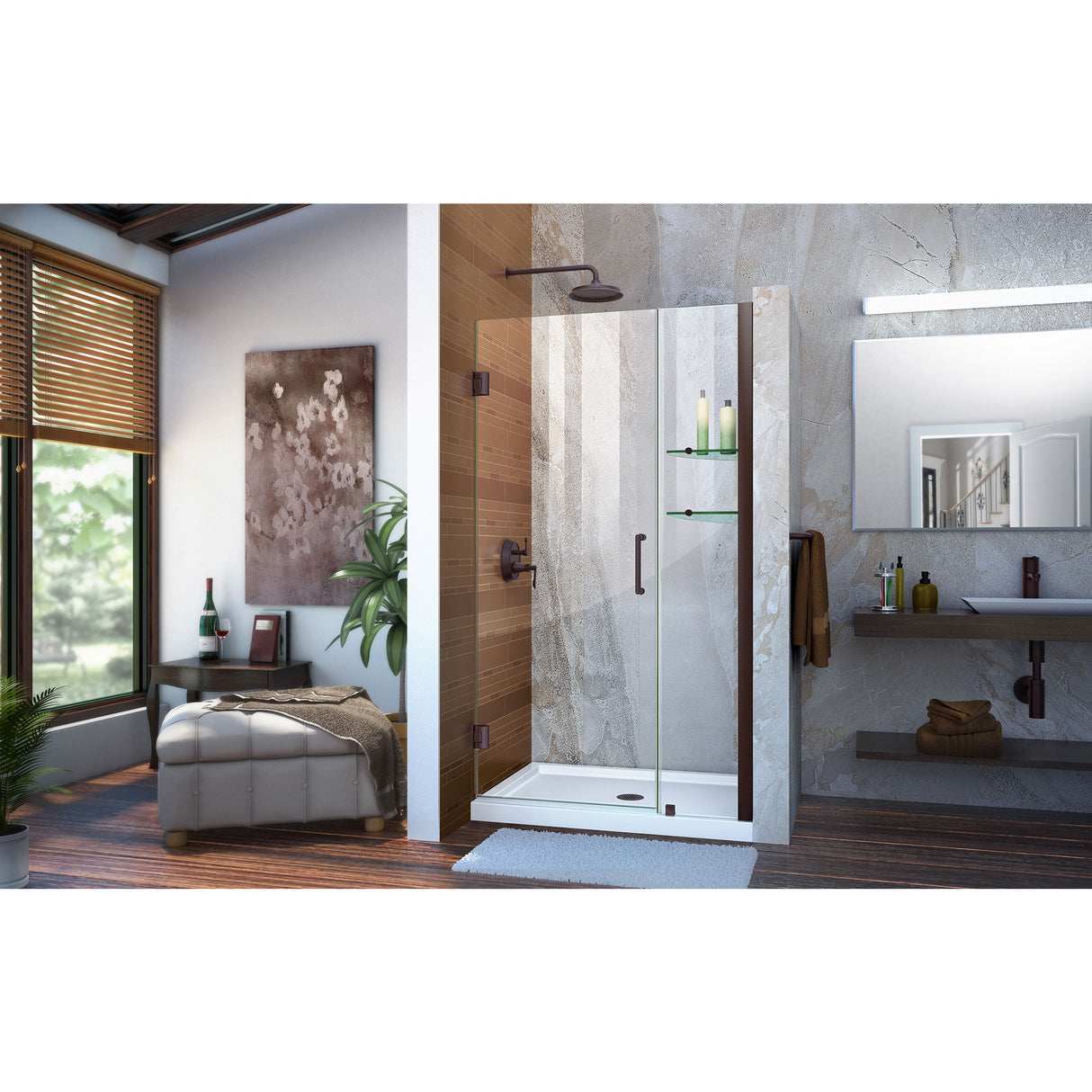 DreamLine Unidoor 41-42 in. W x 72 in. H Frameless Hinged Shower Door with Shelves in Oil Rubbed Bronze