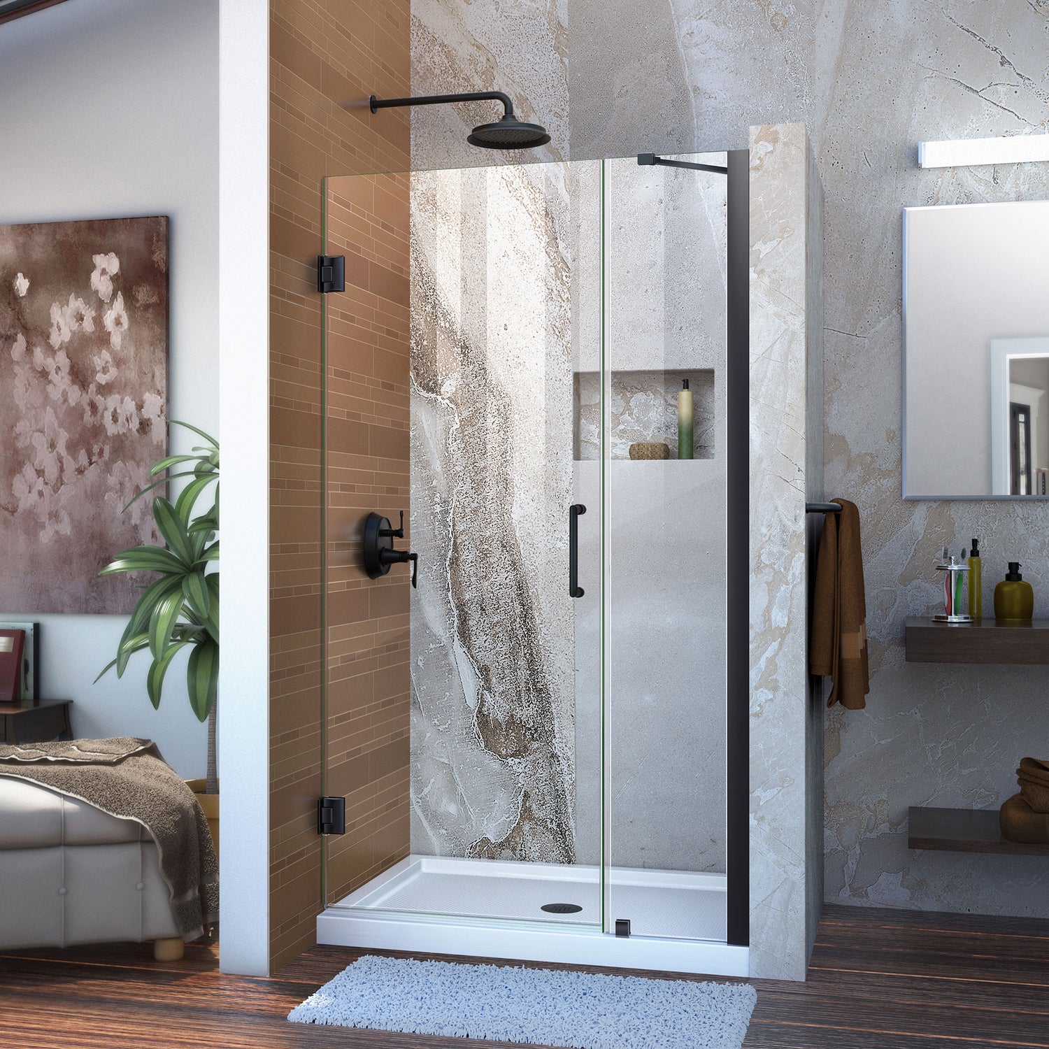 DreamLine Unidoor 38-39 in. W x 72 in. H Frameless Hinged Shower Door with Support Arm in Satin Black