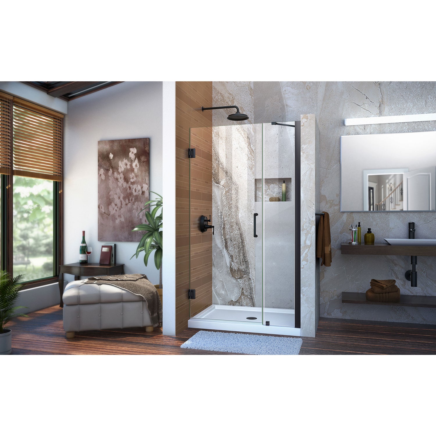 DreamLine Unidoor 42-43 in. W x 72 in. H Frameless Hinged Shower Door with Support Arm in Satin Black
