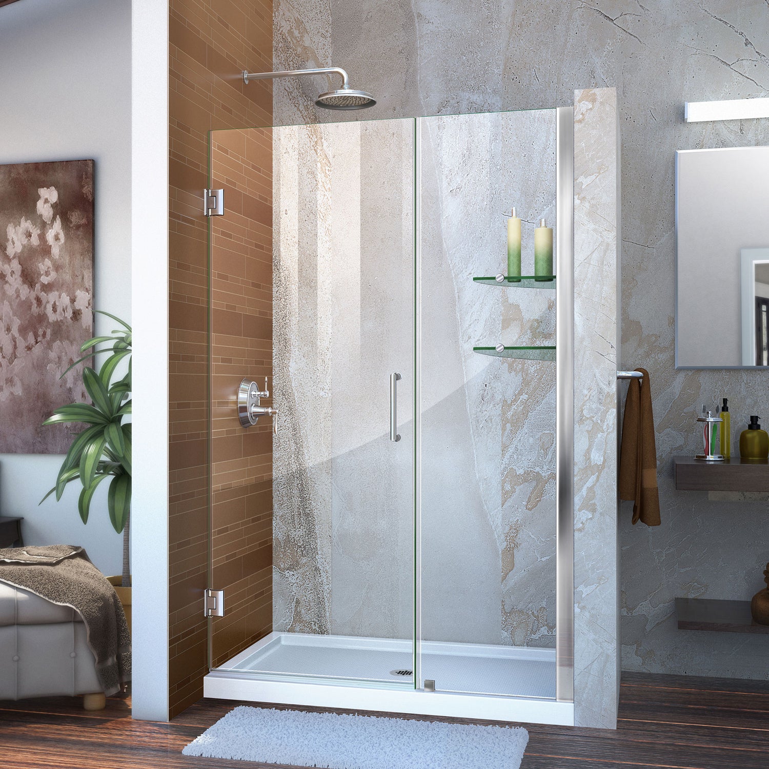 DreamLine Unidoor 45-46 in. W x 72 in. H Frameless Hinged Shower Door with Shelves in Chrome