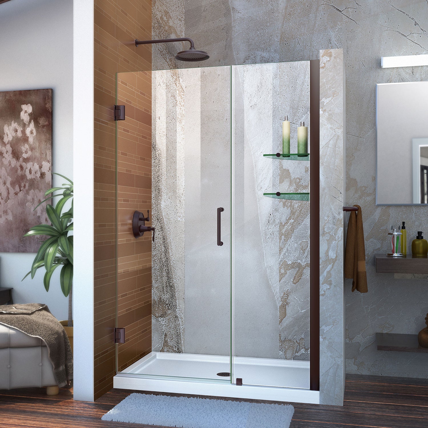 DreamLine Unidoor 42-43 in. W x 72 in. H Frameless Hinged Shower Door with Shelves in Oil Rubbed Bronze