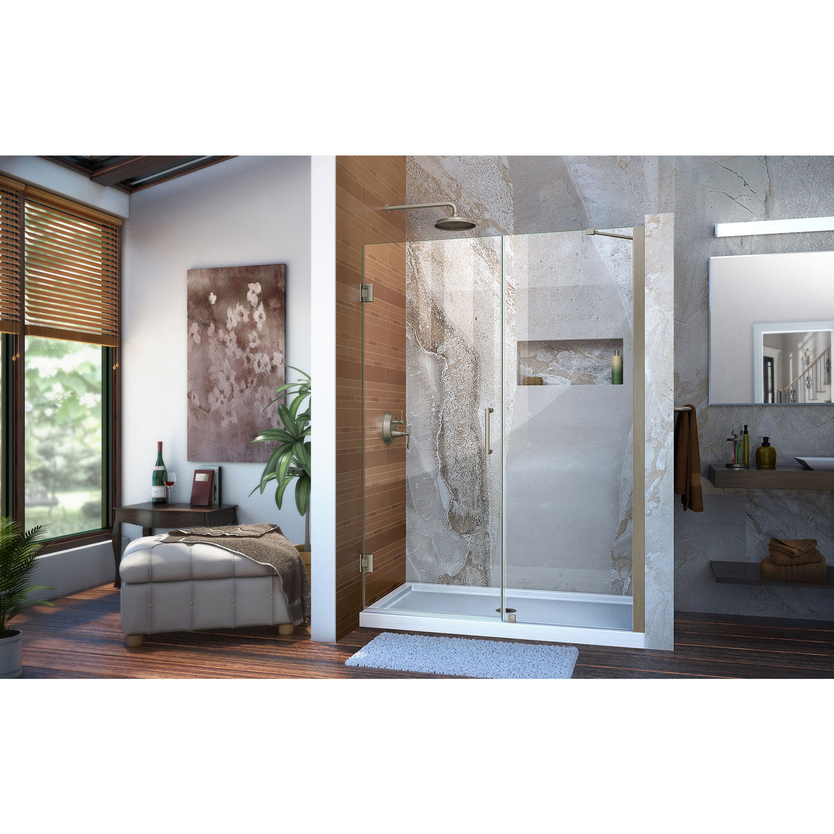 DreamLine Unidoor 52-53 in. W x 72 in. H Frameless Hinged Shower Door with Support Arm in Brushed Nickel