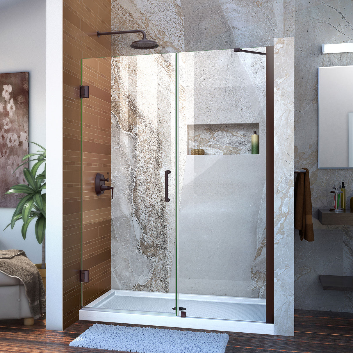 DreamLine Unidoor 48-49 in. W x 72 in. H Frameless Hinged Shower Door with Support Arm in Oil Rubbed Bronze