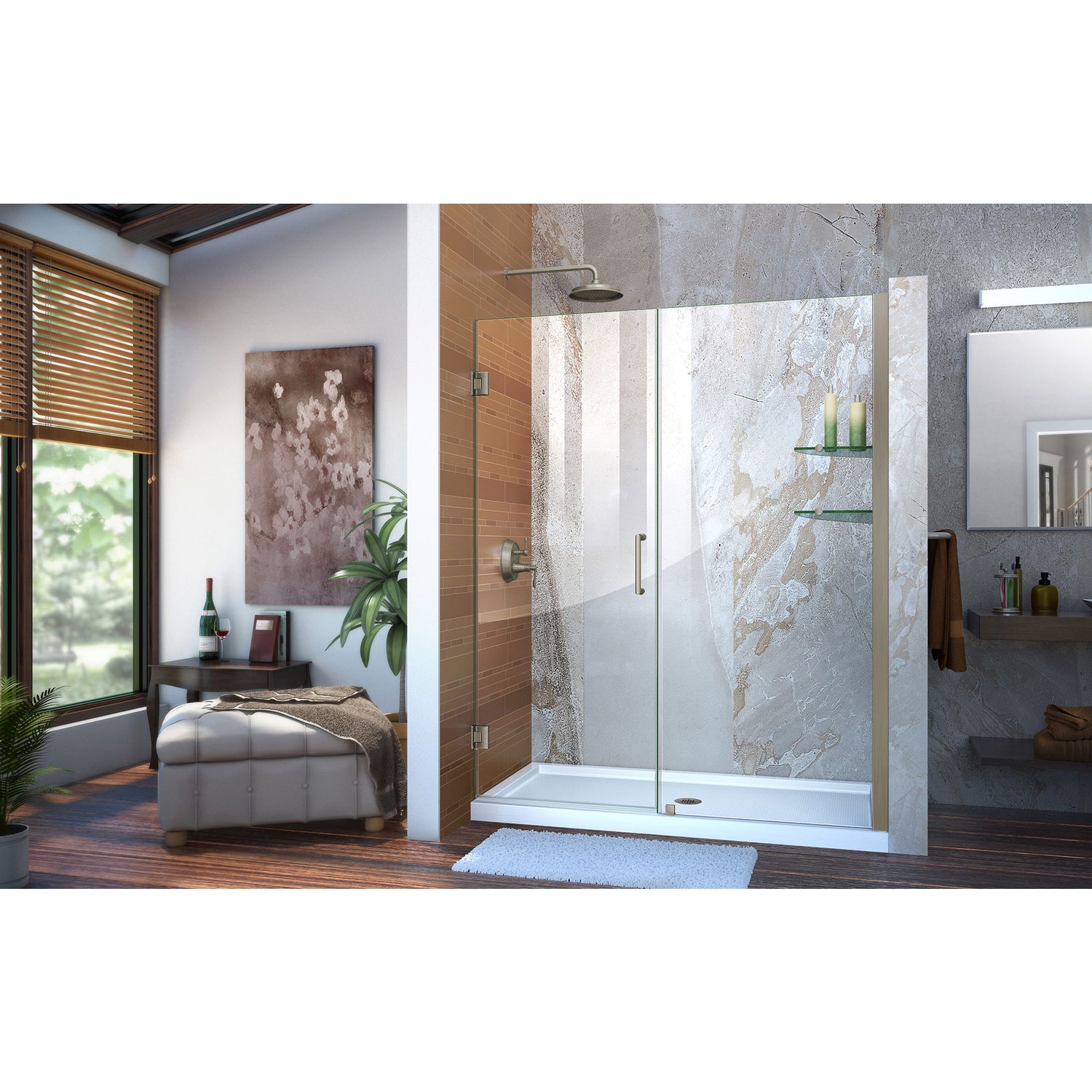 DreamLine Unidoor 56-57 in. W x 72 in. H Frameless Hinged Shower Door with Shelves in Brushed Nickel