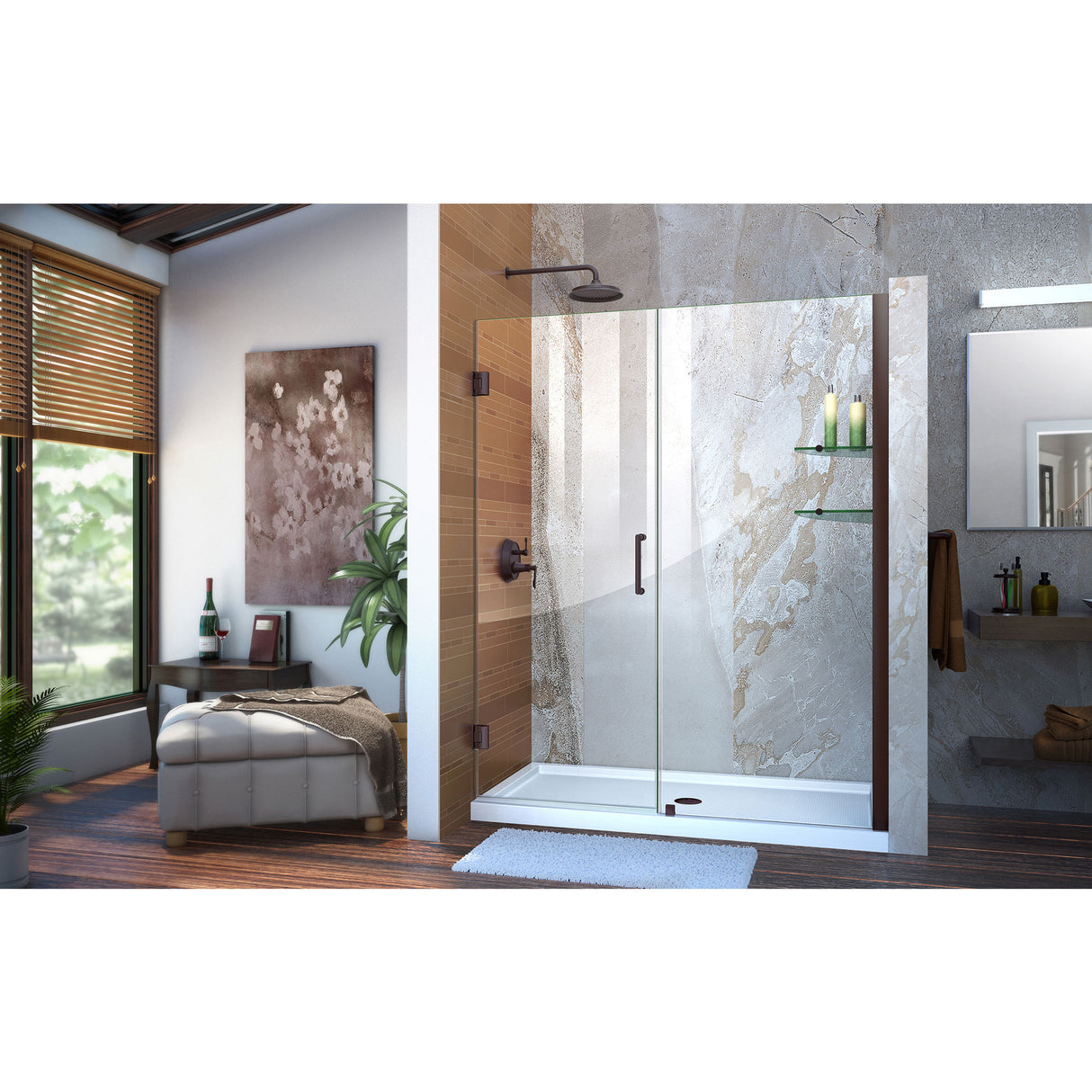DreamLine Unidoor 57-58 in. W x 72 in. H Frameless Hinged Shower Door with Shelves in Oil Rubbed Bronze