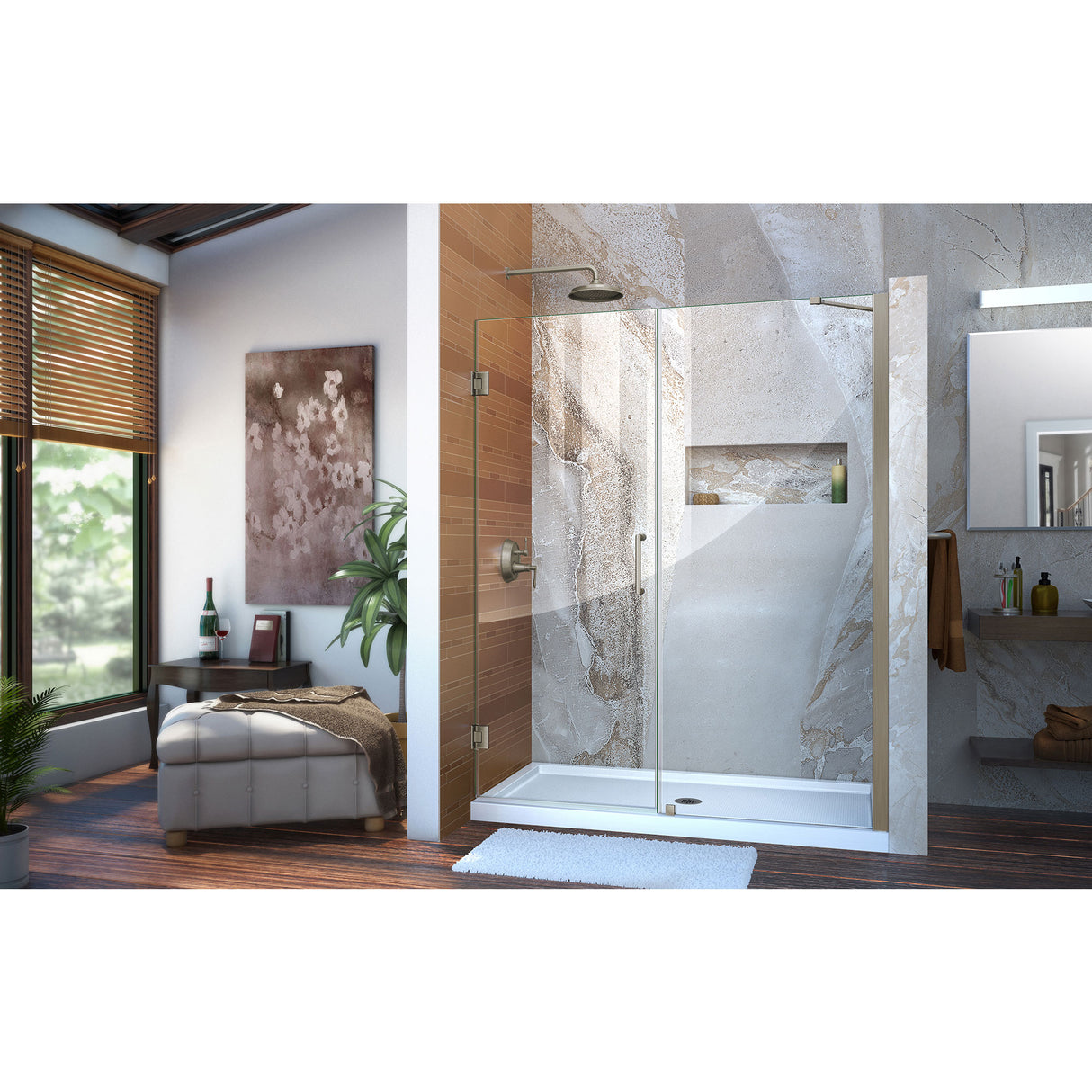 DreamLine Unidoor 54-55 in. W x 72 in. H Frameless Hinged Shower Door with Support Arm in Brushed Nickel