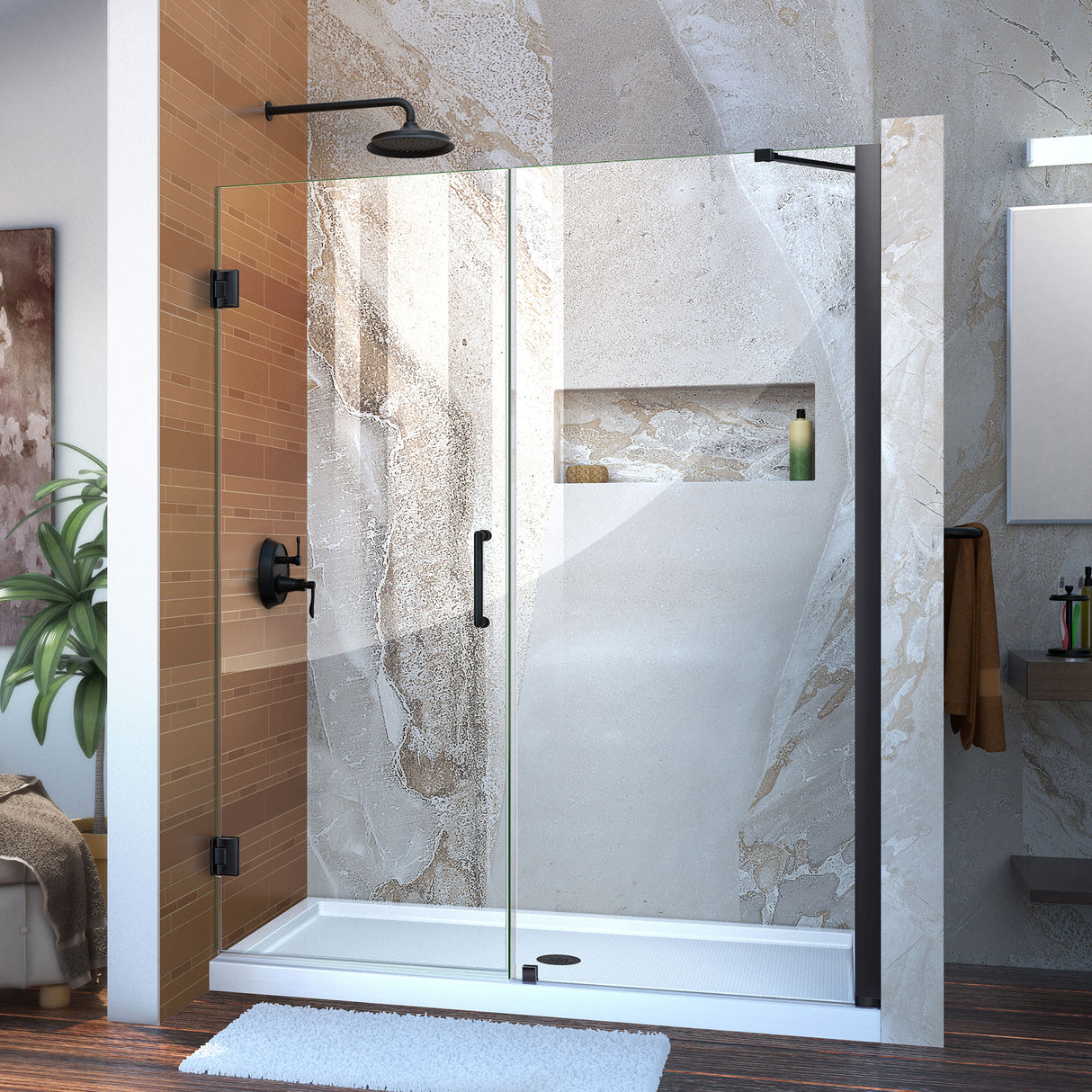 DreamLine Unidoor 58-59 in. W x 72 in. H Frameless Hinged Shower Door with Support Arm in Satin Black