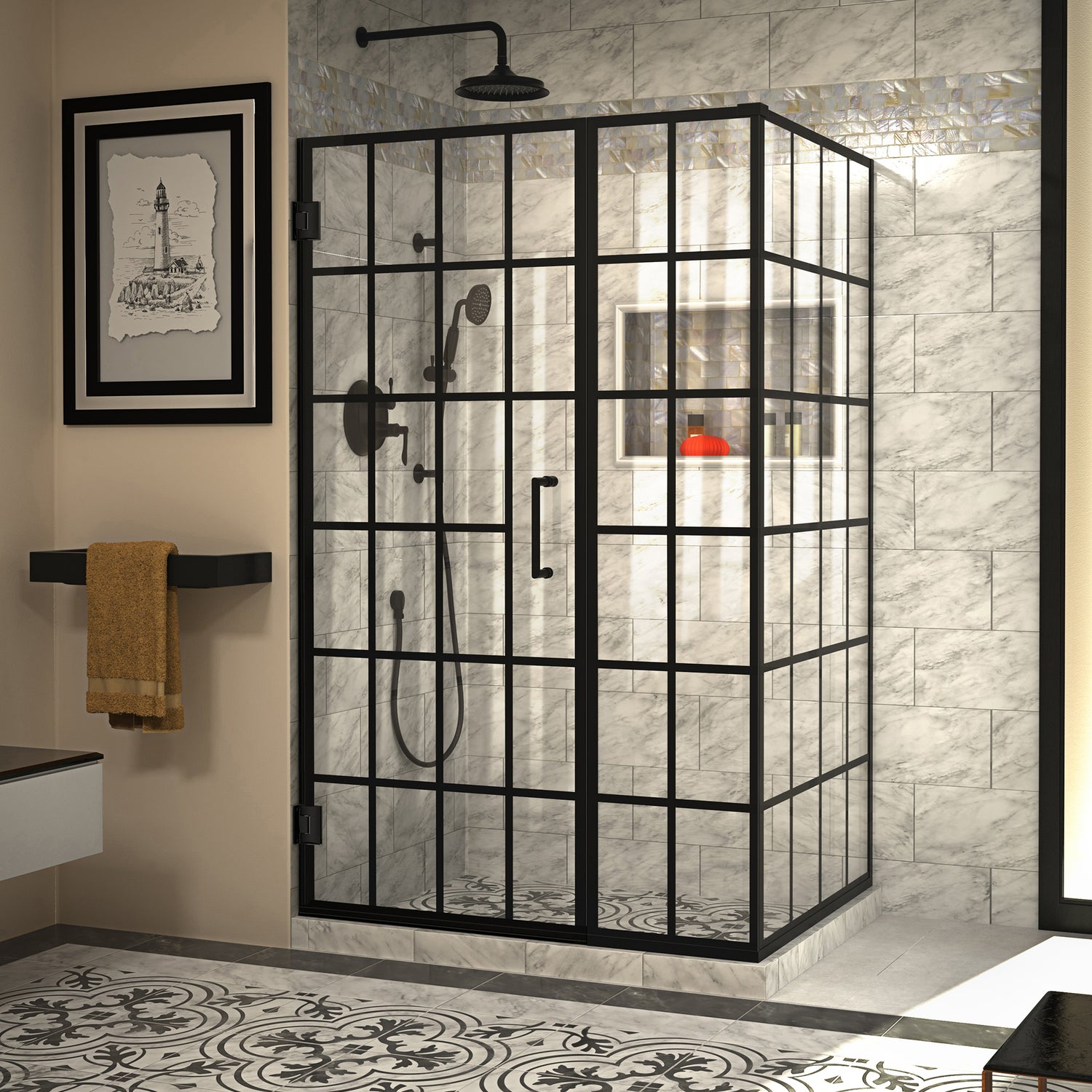 DreamLine Unidoor Toulon 34 in. D x 46 in. W x 72 in. H Frameless Hinged Shower Enclosure in Satin Black