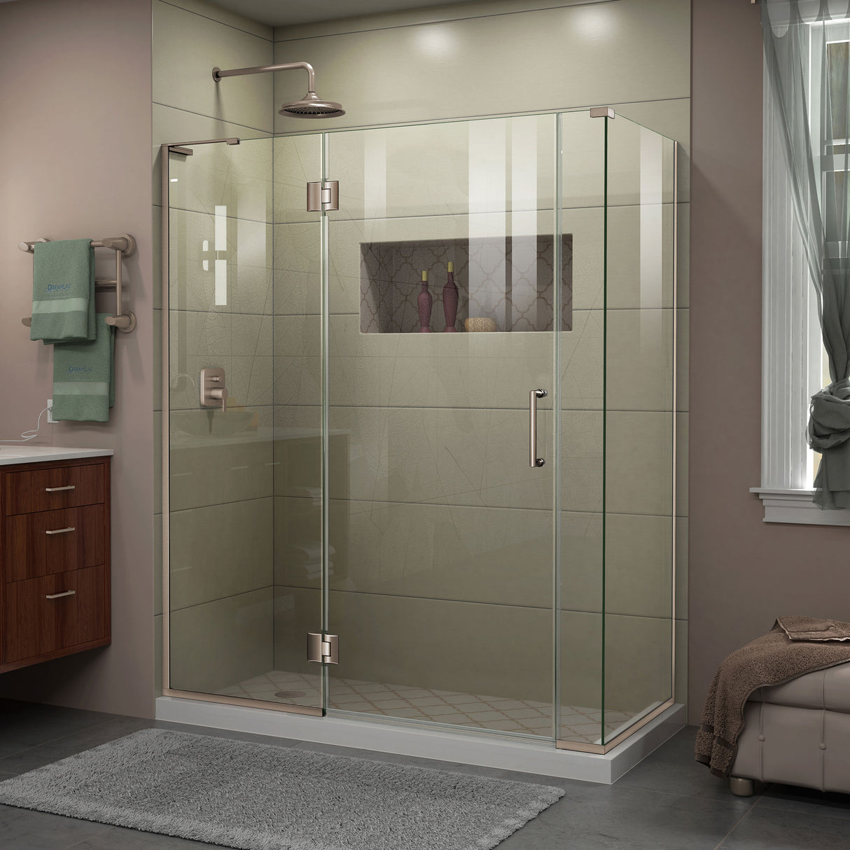 DreamLine Unidoor-X 57 1/2 in. W x 34 3/8 in. D x 72 in. H Frameless Hinged Shower Enclosure in Brushed Nickel