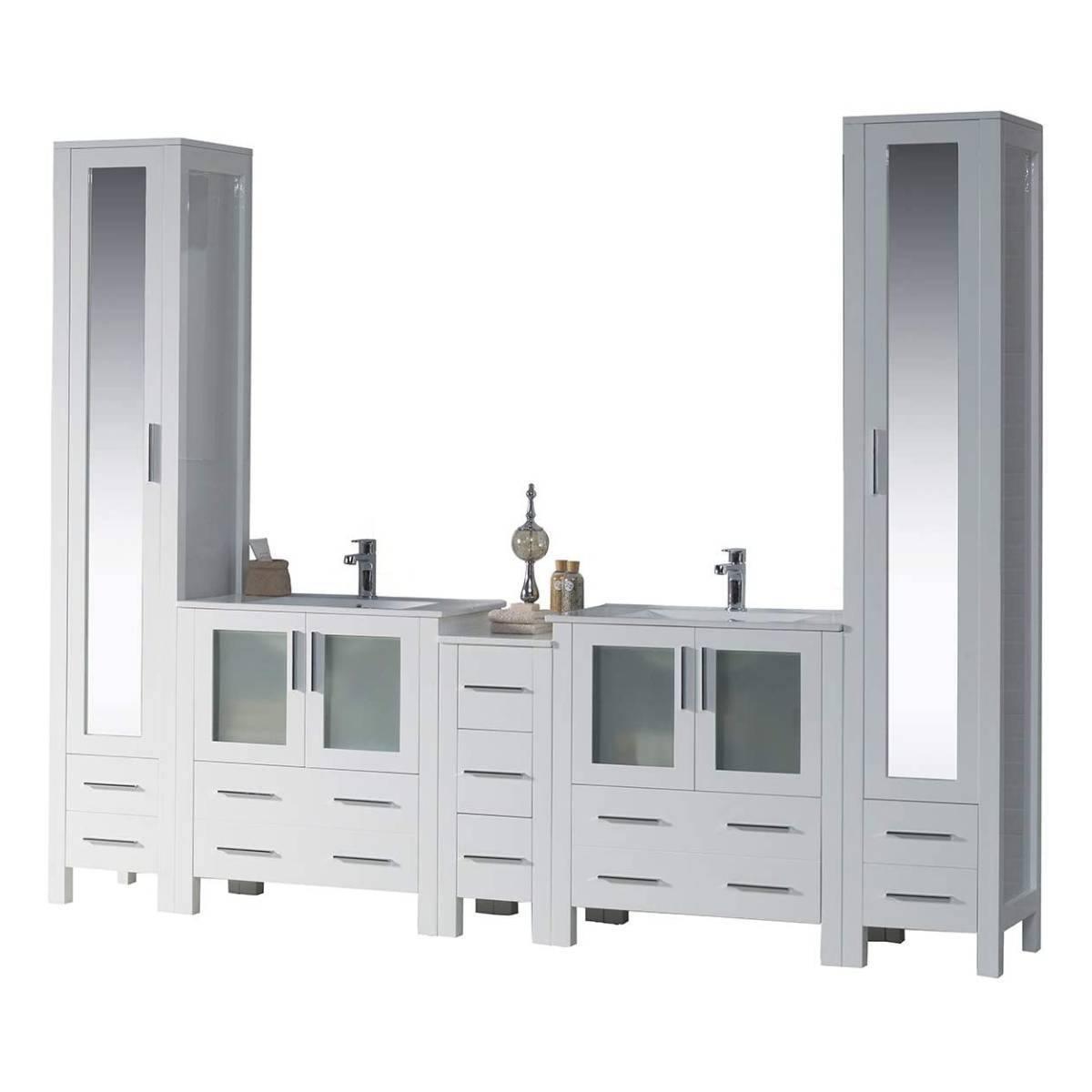Sydney 102" Double Vanity, Ceramic Vessel Sink, Mirror, Linen Cabinet