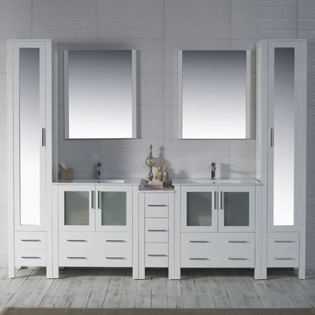 Sydney 102" Double Vanity, Ceramic Vessel Sink, Mirror, Linen Cabinet