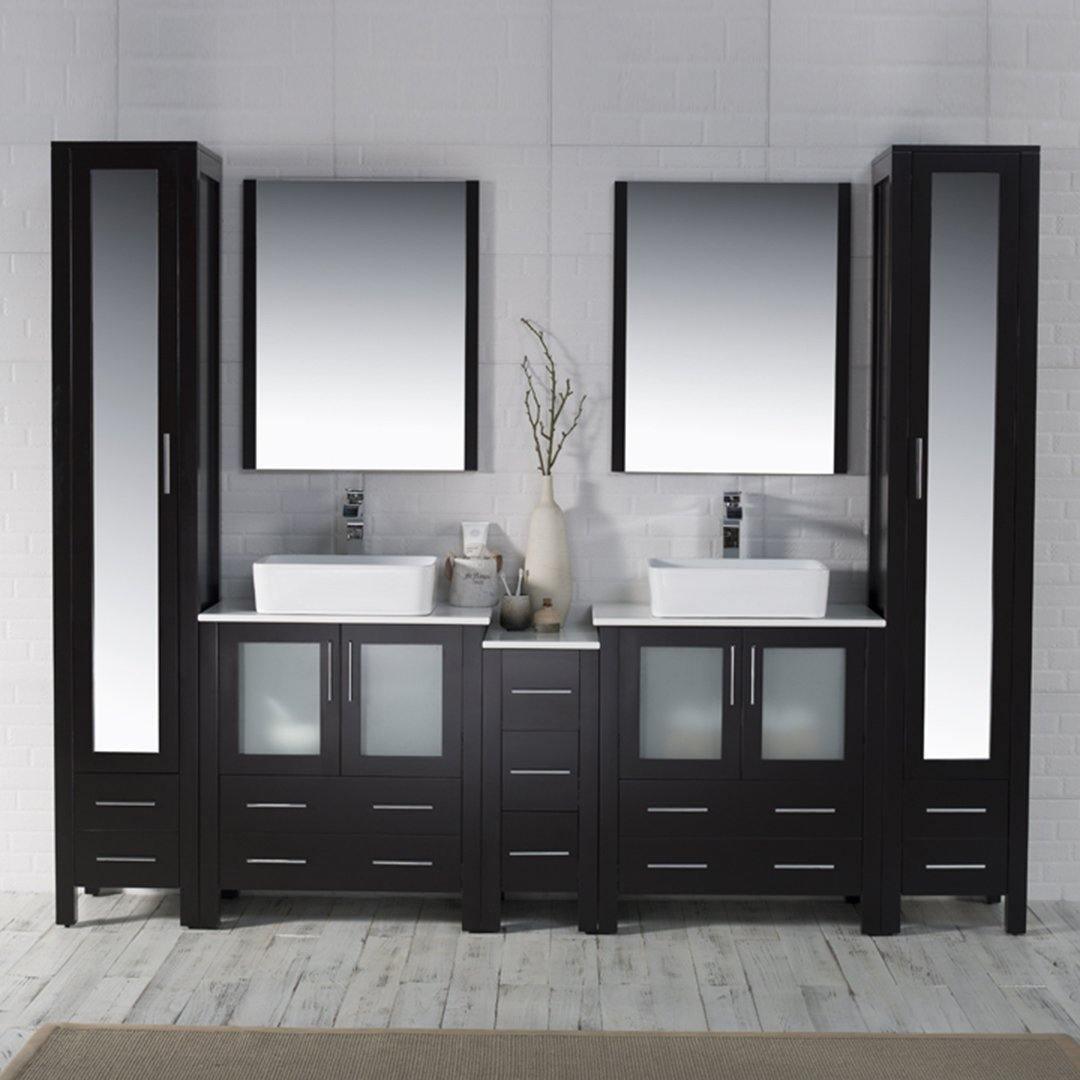 Sydney 102" Double Vanity, Ceramic Vessel Sink, Mirror, Linen Cabinet