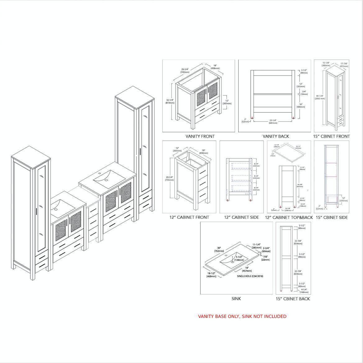 Sydney 102" Double Vanity, Ceramic Vessel Sink, Mirror, Linen Cabinet