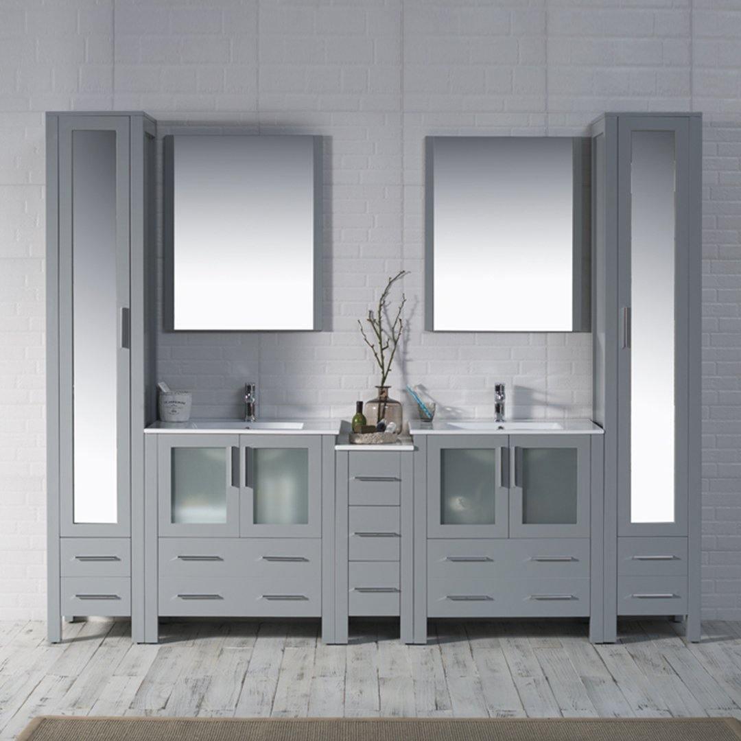 Sydney 102" Double Vanity, Ceramic Vessel Sink, Mirror, Linen Cabinet