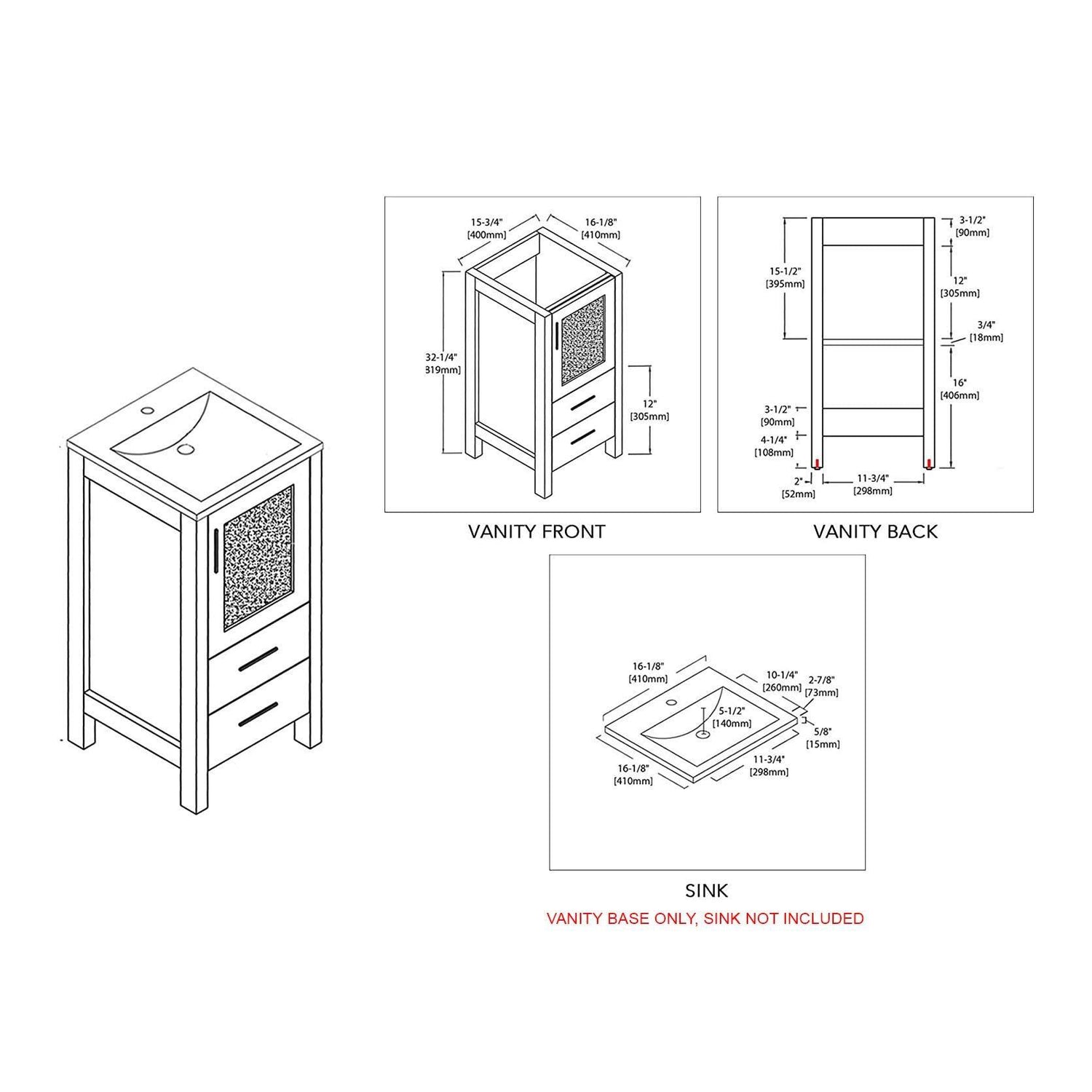 Blossom Sydney 16" Vanity, White, Espresso, Metal Grey, Wenge