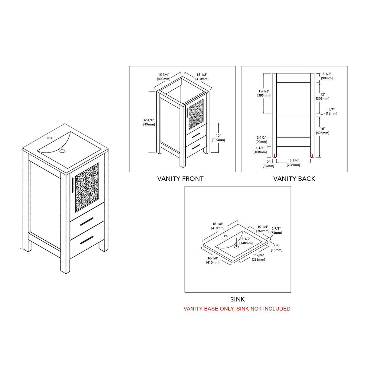 Blossom Sydney 16" Vanity, White, Espresso, Metal Grey, Wenge