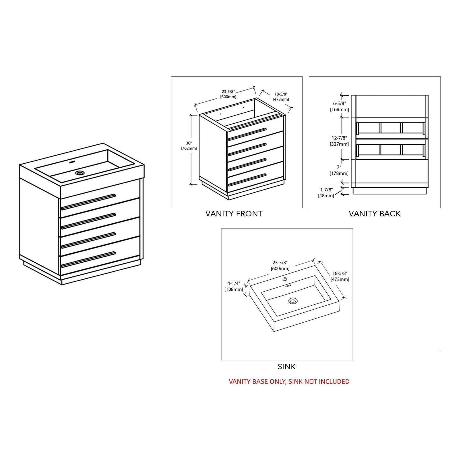 Blossom Barcelona 30" Bath Vanity in White / Dark Oak with Acrylic Sink & Mirror