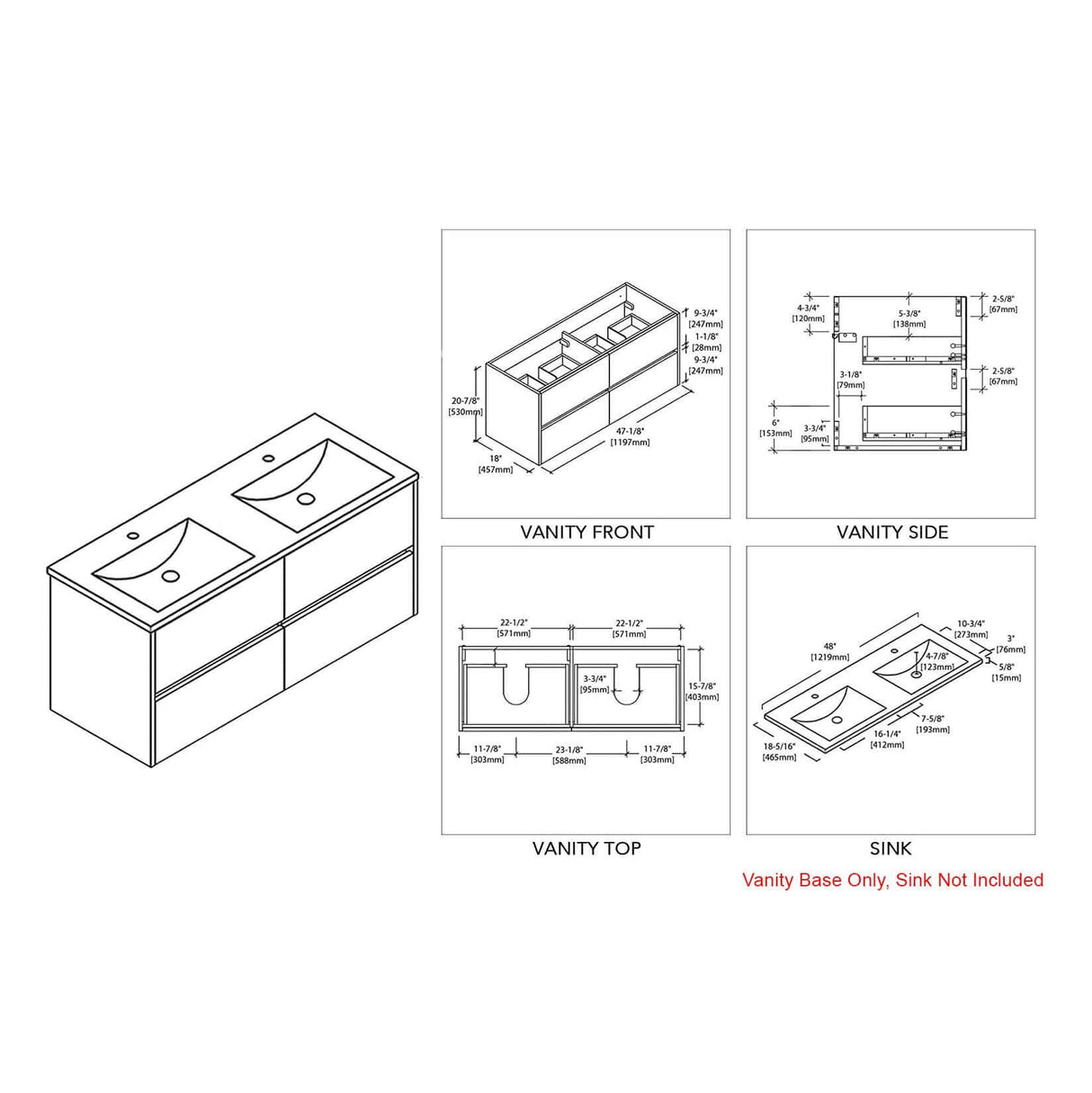 Blossom Valencia 48" Double Vanity, Mirror, Mirrored Medicine Cabinet