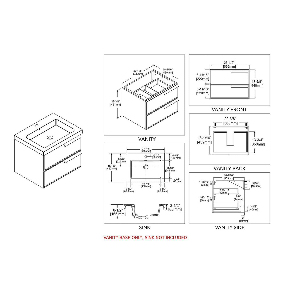 Blossom Sofia 24 Inch Vanity Base in White / Matte Gray. Available with Acrylic Sink