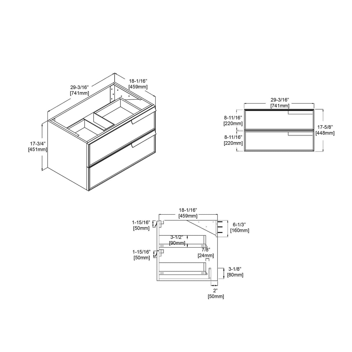Blossom Sofia 30 Inch Vanity Base in White / Matte Gray. Available with Acrylic Sink