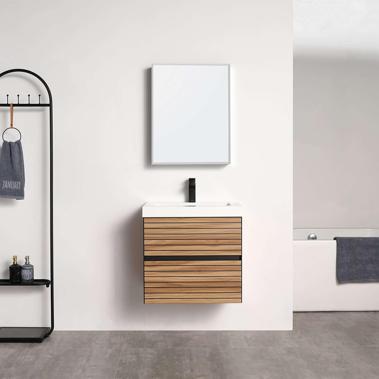 Blossom Annecy 24" Wall-Hung Vanity - Modern Minimalist Design with Soft-Closing Drawers in Maple, front view, acrylic basin