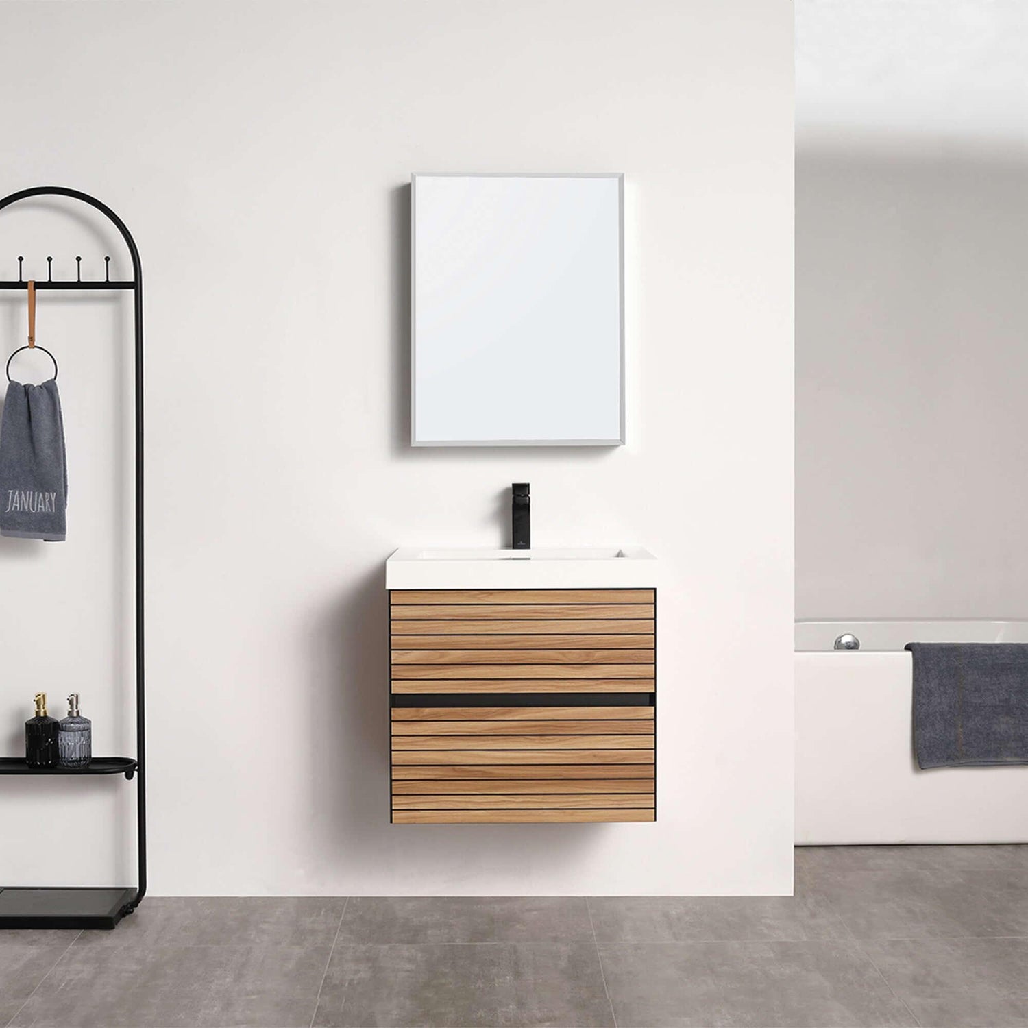 Blossom Annecy 24" Wall-Hung Vanity - Modern Minimalist Design with Soft-Closing Drawers in Maple, front view, acrylic basin
