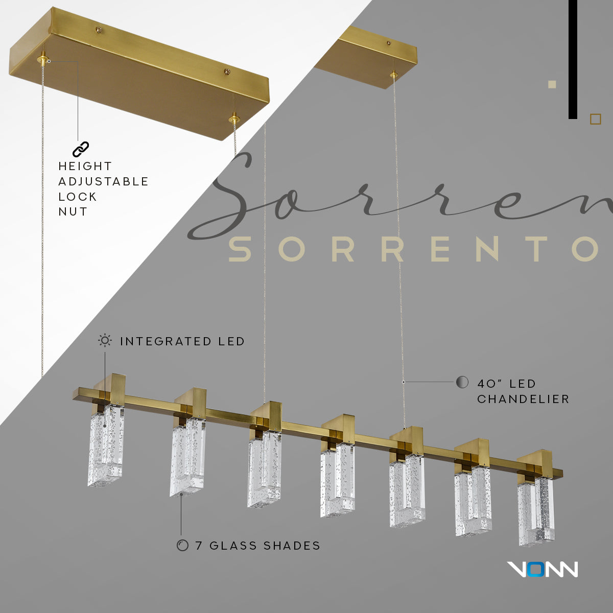 VONN Artisan Sorrento VAC3137AB 40" ETL Certified Integrated LED Pendant, Height Adjustable Chandelier, Black