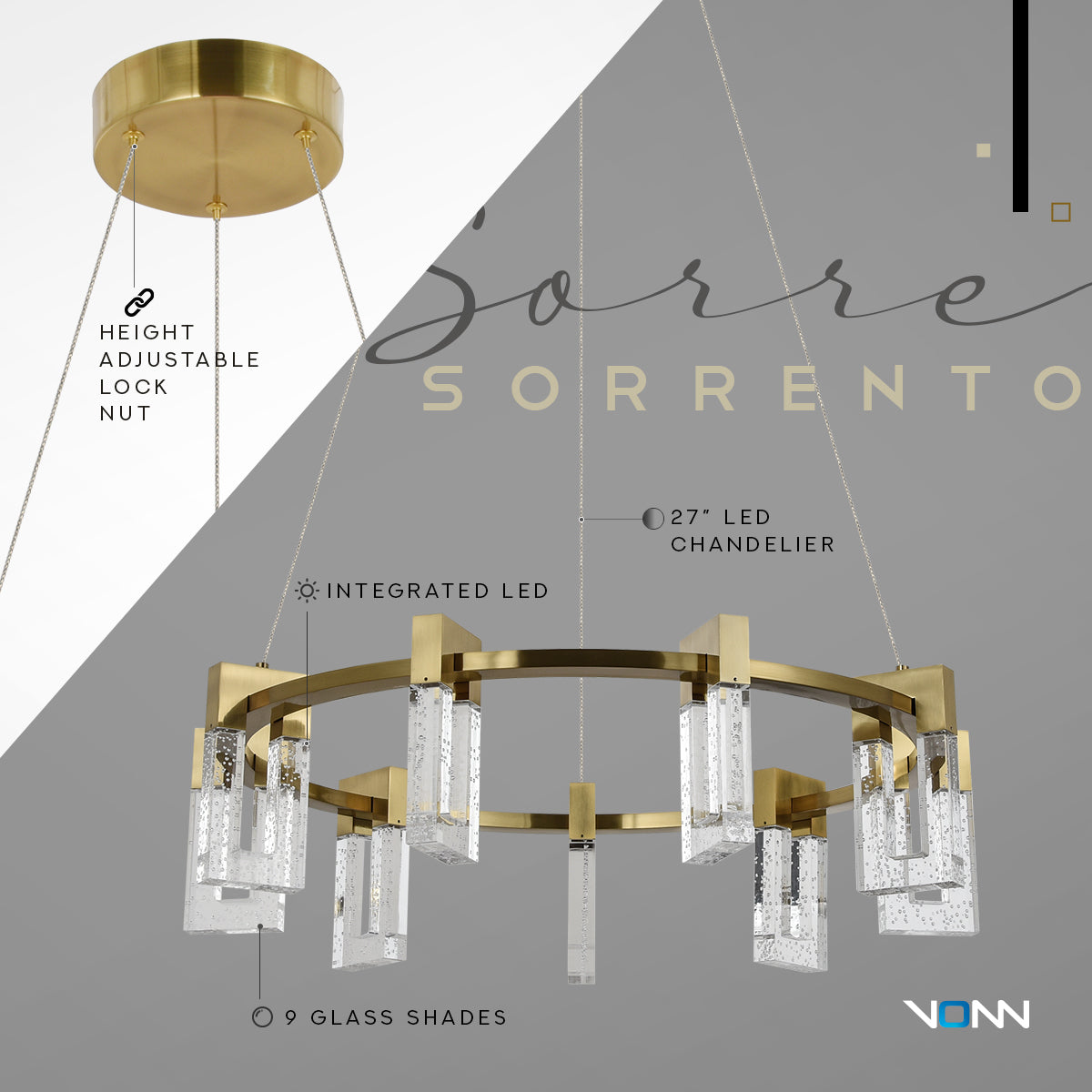 VONN Artisan Sorrento VAC3139AB 27" Integrated LED ETL Certified Pendant, Height Adjustable Chandelier, Antique Brass