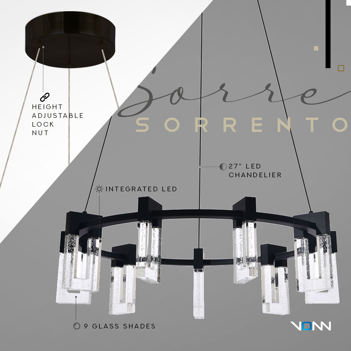 VONN Artisan Sorrento VAC3139BL 27" 9-Light ETL Cert Integrated LED Pendant, Height Adjustable Chandelier, Black