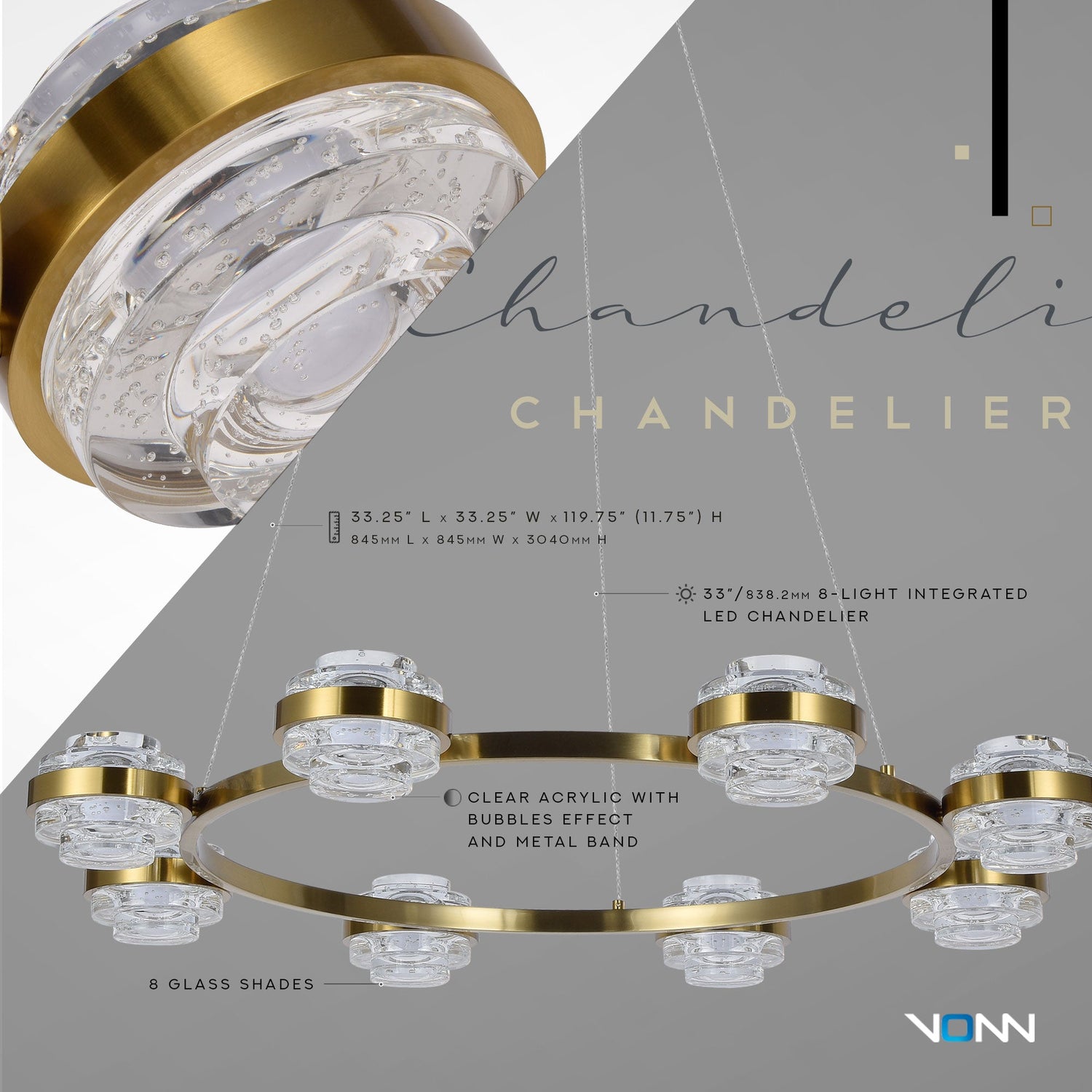 VONN Artisan Milano VAC3338AB 33" Integrated LED ETL Certified Pendant, Height Adjustable Chandelier, Antique Brass