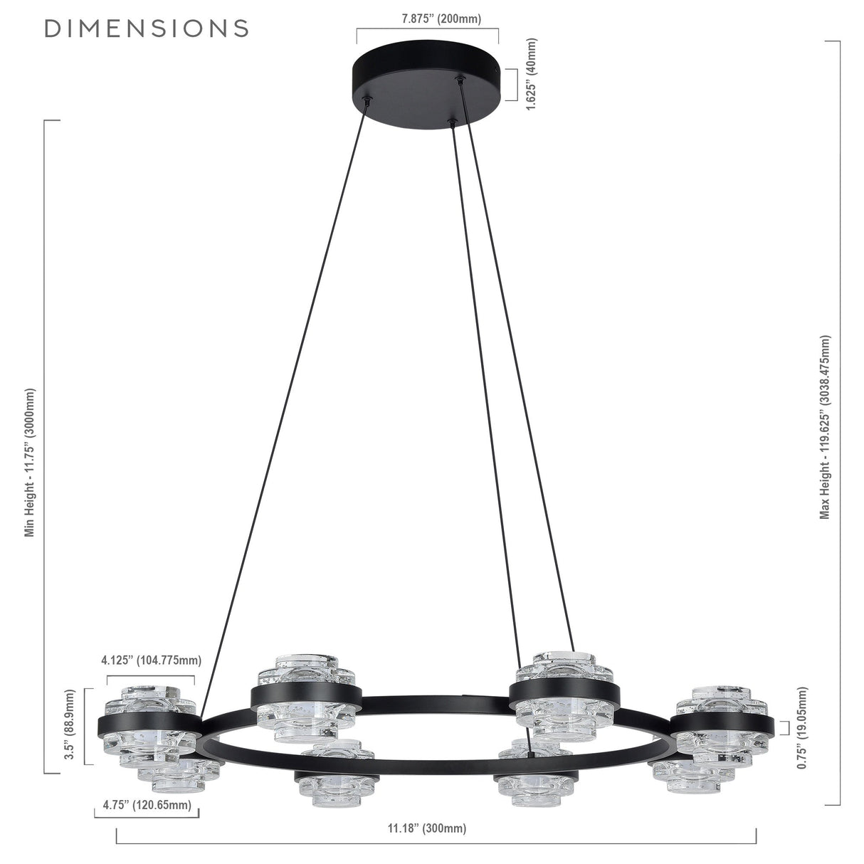 VONN Artisan Milano VAC3338BL 33" Integrated LED ETL Certified Pendant, Height Adjustable Chandelier, Black