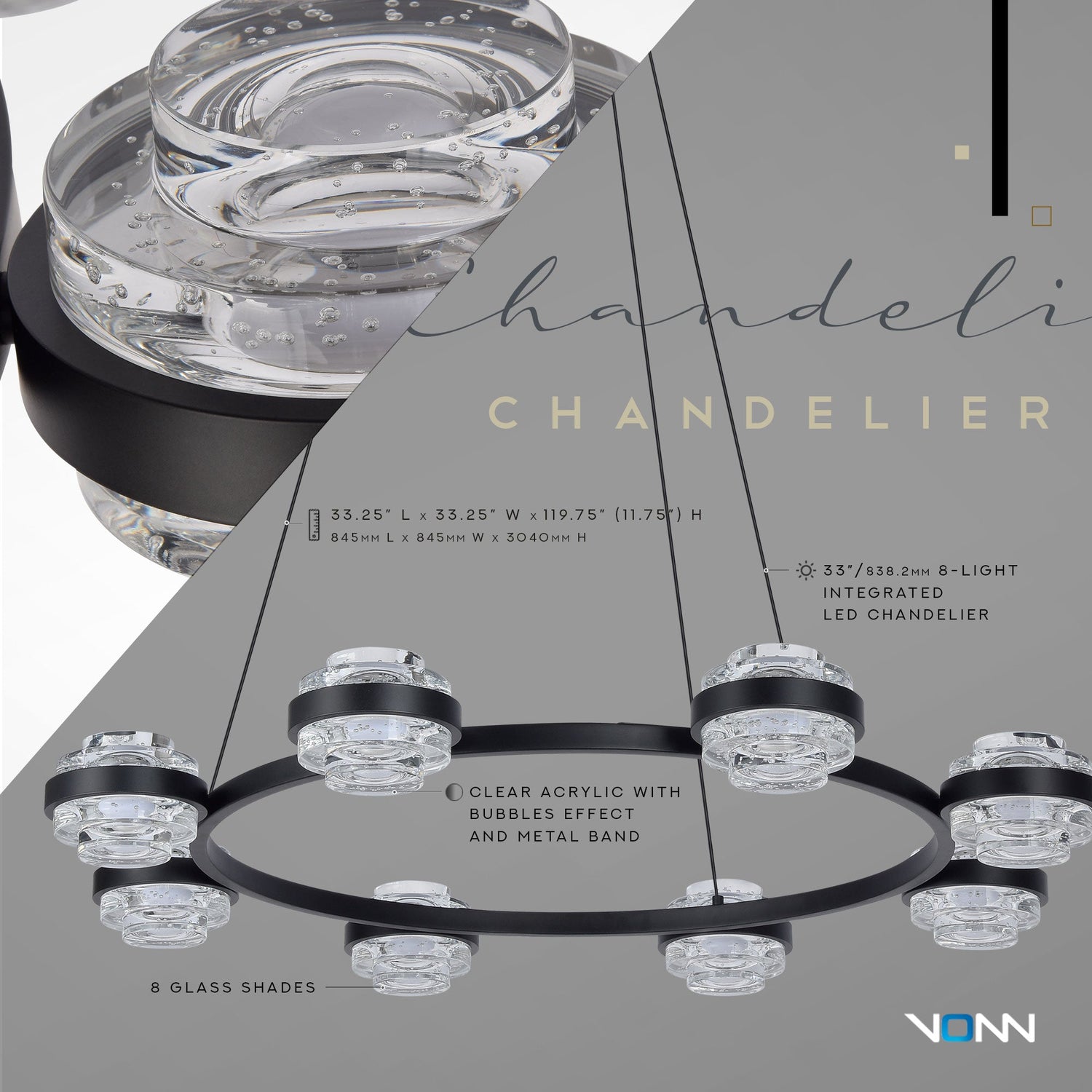 VONN Artisan Milano VAC3338BL 33" Integrated LED ETL Certified Pendant, Height Adjustable Chandelier, Black