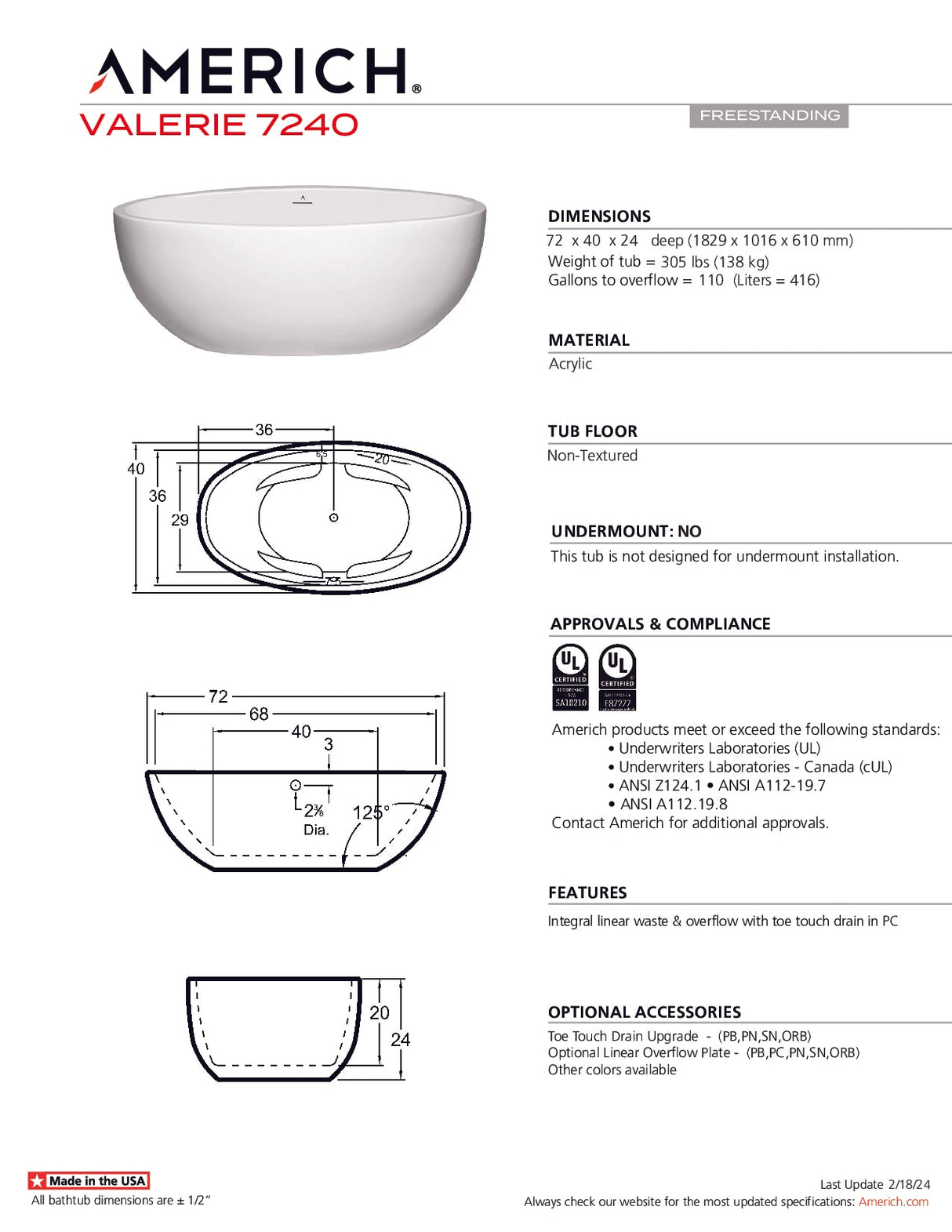 Americh VA7240T-WH Valerie 7240 - Tub Only - White