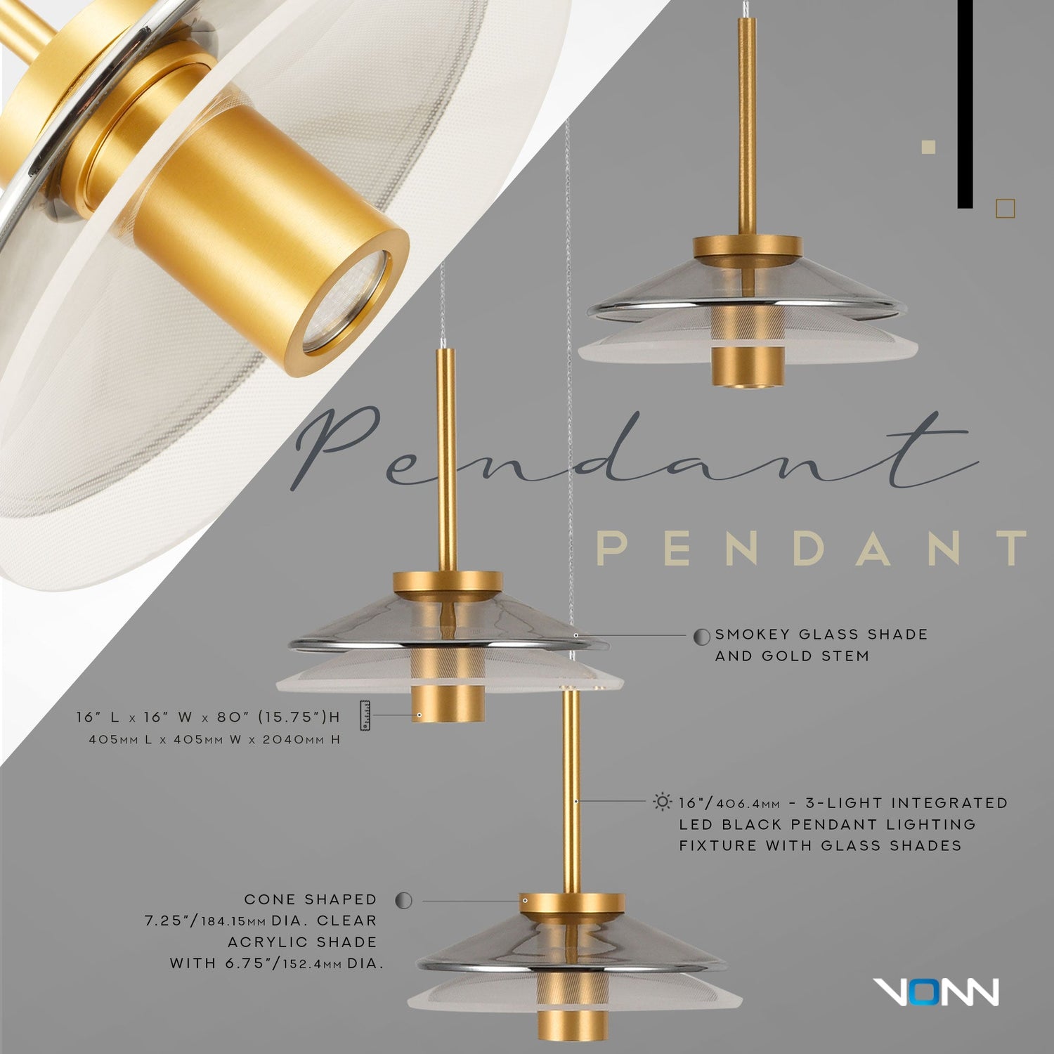 VONN Artisan Verona VAP2313BL 16" Integrated LED ETL Certified Pendant, Height Adjustable Chandelier, Black