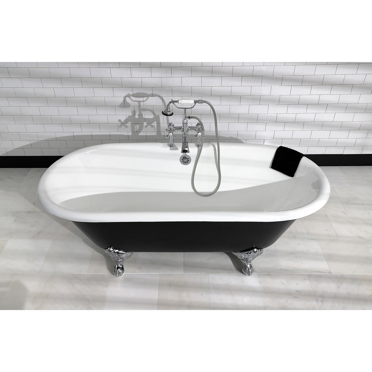 Aqua Eden VBT7D663013NB1 66-Inch Cast Iron Double Ended Clawfoot Tub with 7-Inch Faucet Drillings, Black/White/Polished Chrome