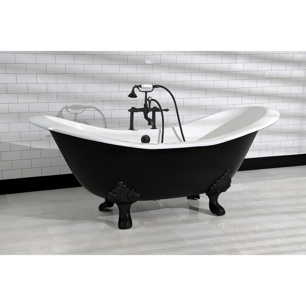 Aqua Eden VBT7D7231NC0 72-Inch Cast Iron Double Slipper Clawfoot Tub with 7-Inch Faucet Drillings, White/Matte Black