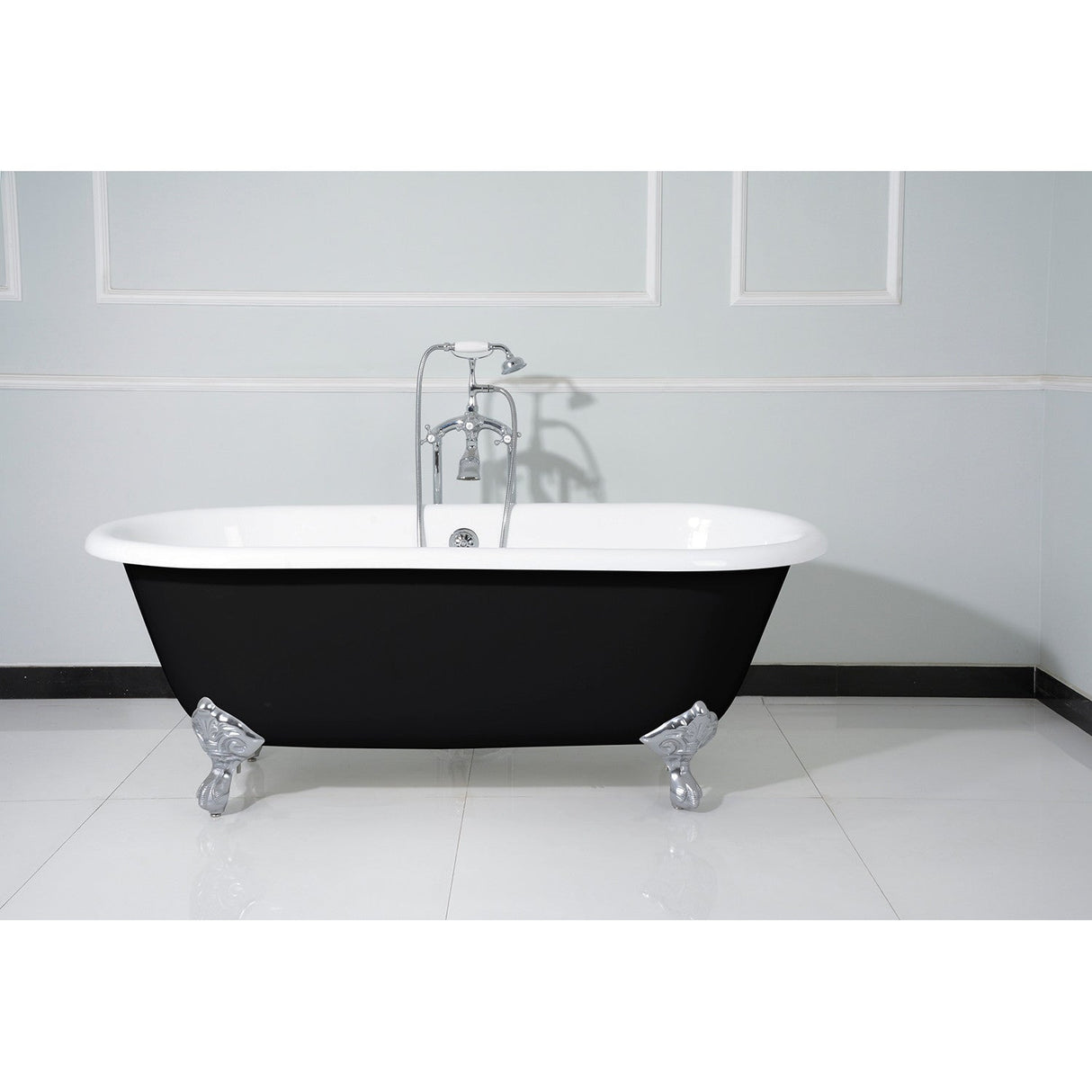 Aqua Eden VBTND663013NB1 66-Inch Cast Iron Double Ended Clawfoot Tub (No Faucet Drillings), Black/White/Polished Chrome