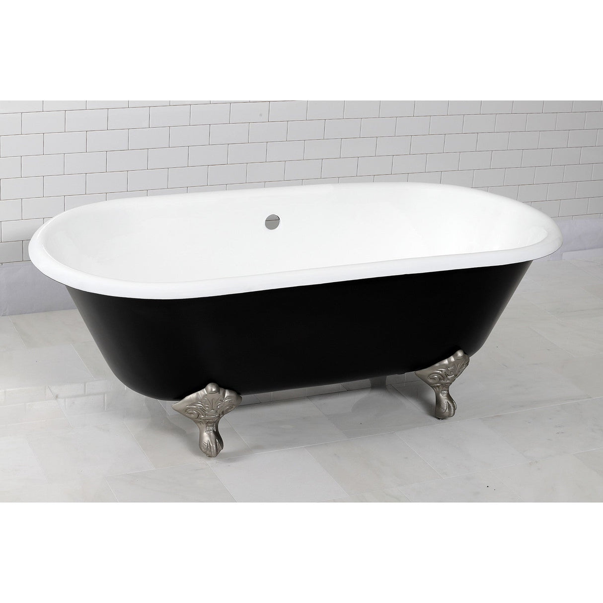 Aqua Eden VBTND663013NB8 66-Inch Cast Iron Double Ended Clawfoot Tub (No Faucet Drillings), Black/White/Brushed Nickel